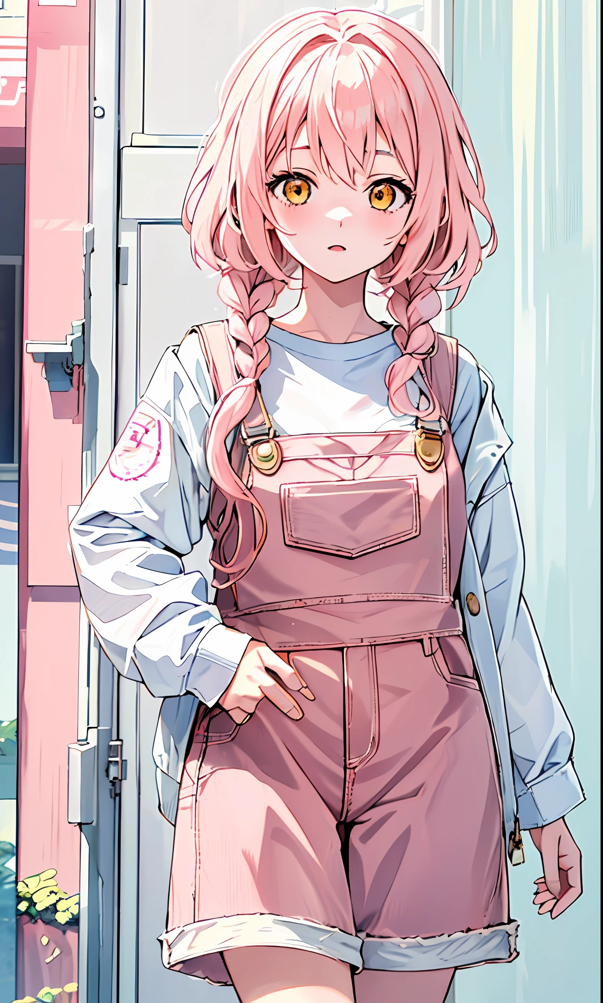 A girl, light pink hair, denim overalls, white t-shirt, light yellow jacket, medium length hair, slightly curly hair, single-sided twisted braid, high detail, official artwork, anime cute art style, 8k! animated illustration