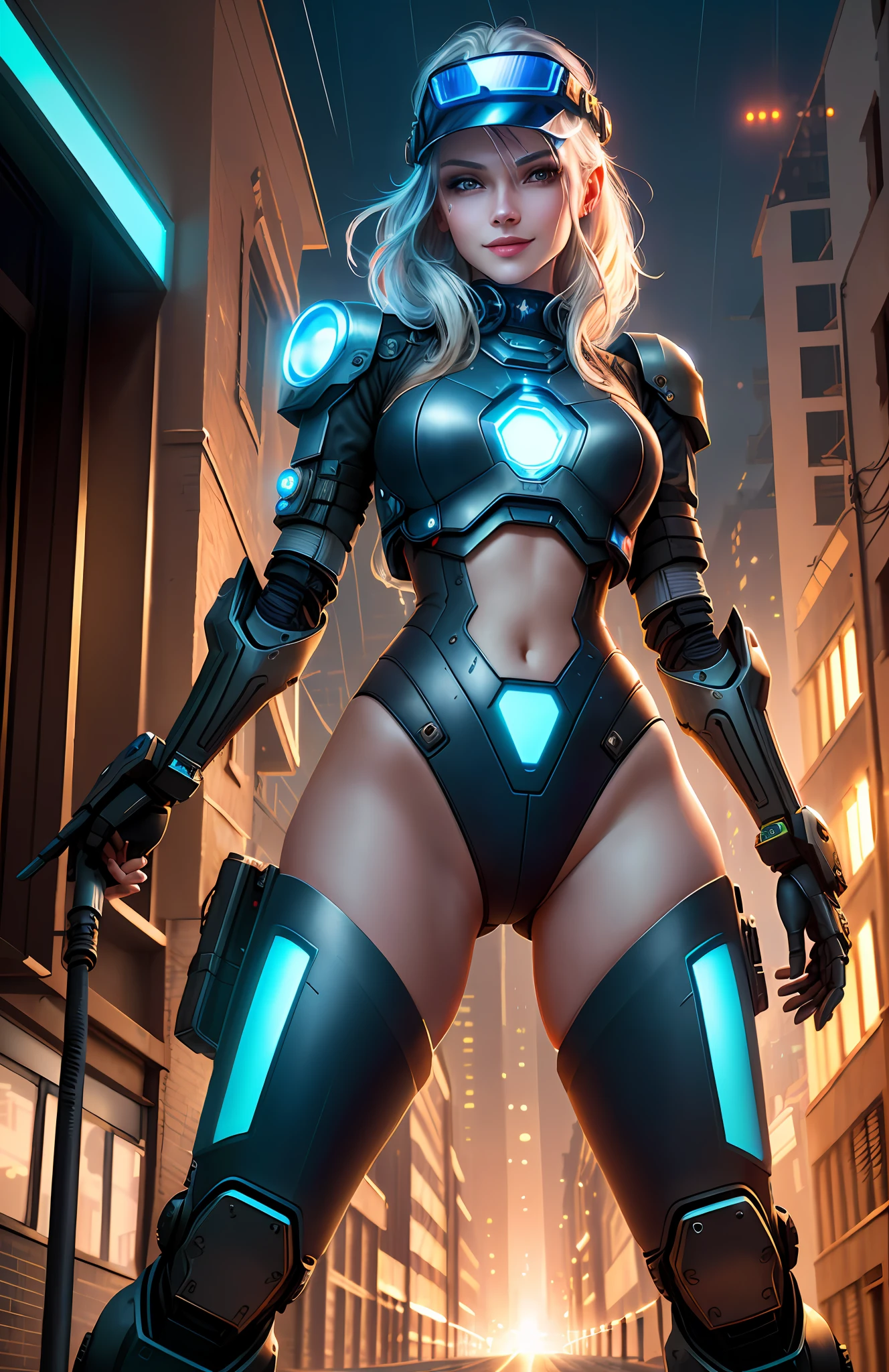 Sexy woman dressed in cyber armor, steampunk clothes, cyber skin, open navel, smirk smile, blue visor,open legs, view from bottom, on abandoned building, messy floor, robots, cyberpunk technology, cables jaunting, lens flare, by Mathias Kollros, by Julia Pishtar, modeling photography, olivia de bernardinis, by steven belledin, alina ivanchenko, night raining, wet street
