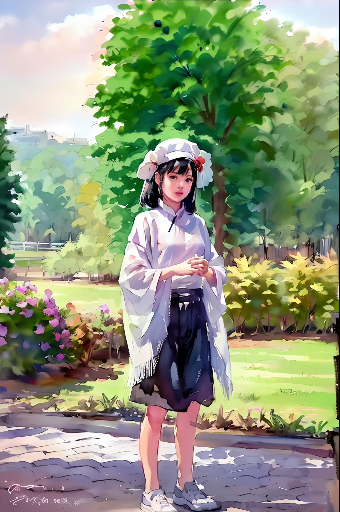 (Upper Body: 1.5), (White Background: 1.4), (Standing Picture)), Original, (Illustration: 1.1), (Best Quality), (Masterpiece: 1.1), (Super Detailed CG Unified 8k Wallpaper: 1.1), (Colorful: 0.9), (Panoramic Shot: 1.4), (Full Body: 1.05), (Solo: 1.2), (Ink Splashing), (Color Splatter), (Watercolor)), Clear Focus, { 1 Girl Standing Position},( (Chinese style),Flower background,outdoors,rocks, look at the viewer, make a happy expression,soft smile,pure,beautiful detailed face and eyes、beautiful complex clothes decoration pattern details、black hair、black eyes、colored water,naked
