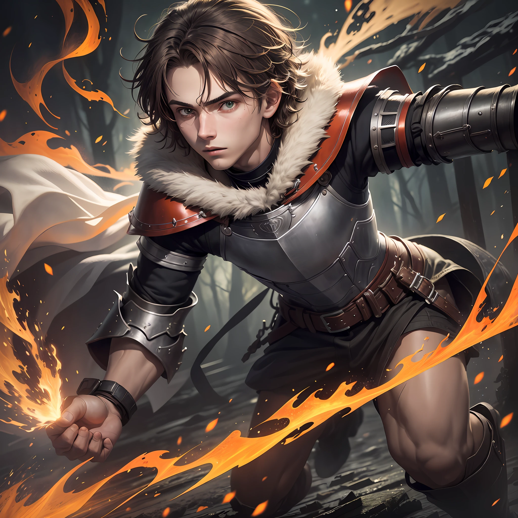 a 17-year-old teenage boy, 1 boy, brown short hair, light brown short hair, short hair parted in the middle, man's short hair with locks, bright green eyes, without a beard, without a goatee, no facial hair, silver and red colored medieval knight armor, red clothes, closeup shot, whirling wind, lightning around character, night complex background, highly detailed, (gloomy:1.3), dark, dimmed, hdr, vignette, grimy, night sky at entrance, fire light in the background, forest burning, floating many bright flames of yellow and orange fire particles, burning fire in hand, floating many flames of fire