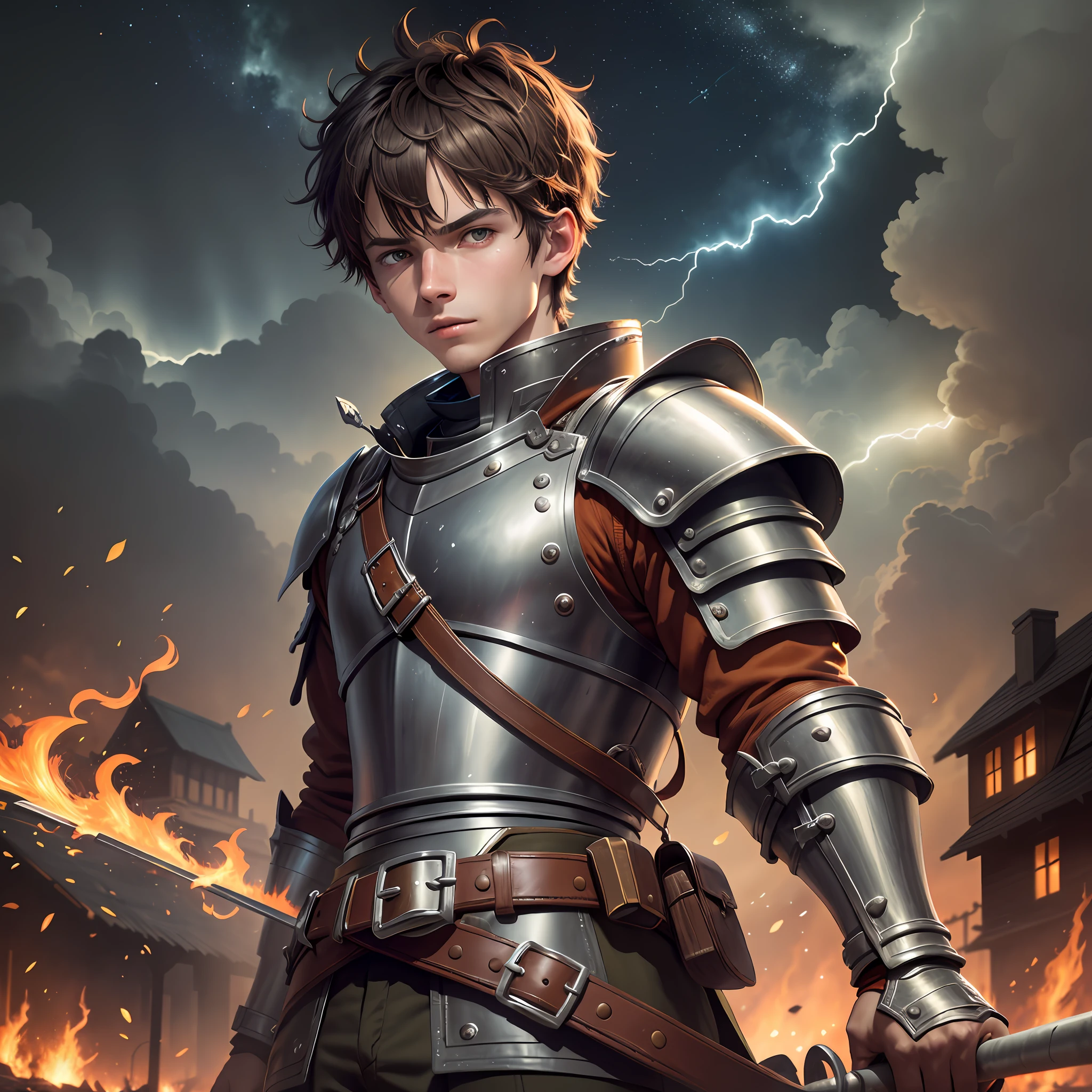 a -yeld te1 boy, brown short hair, light brown short hair, short hair parted in the middle, man's short hair with locks, bright green eyes, without a beard, without a goatee, no facial hair, silver and red colored medieval knight armor, red clothes, closeup shot, whirling wind, lightning around character, night complex background, highly detailed, (gloomy:1.3), dark, dimmed, hdr, vignette, grimy, night sky at entrance, fire light in the background, forest burning, floating many bright flames of yellow and orange fire particles, burning fire in hand, floating many flames of fire