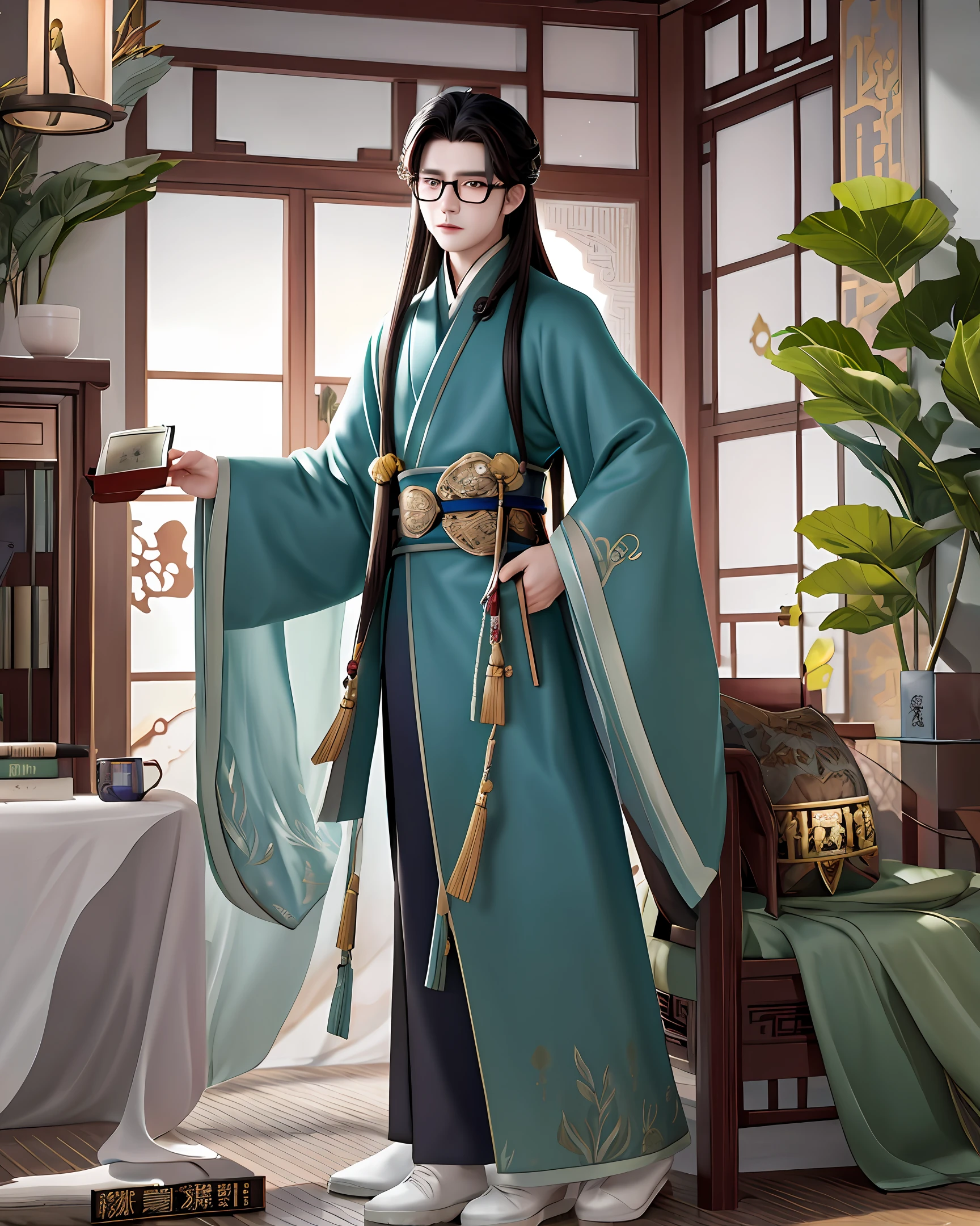 Boy, ancient wide coat and wide sleeves, long hair, graceful, a tear mole under his eyes, with a glass glasses, holding a book in his hand, like Li Hongyi