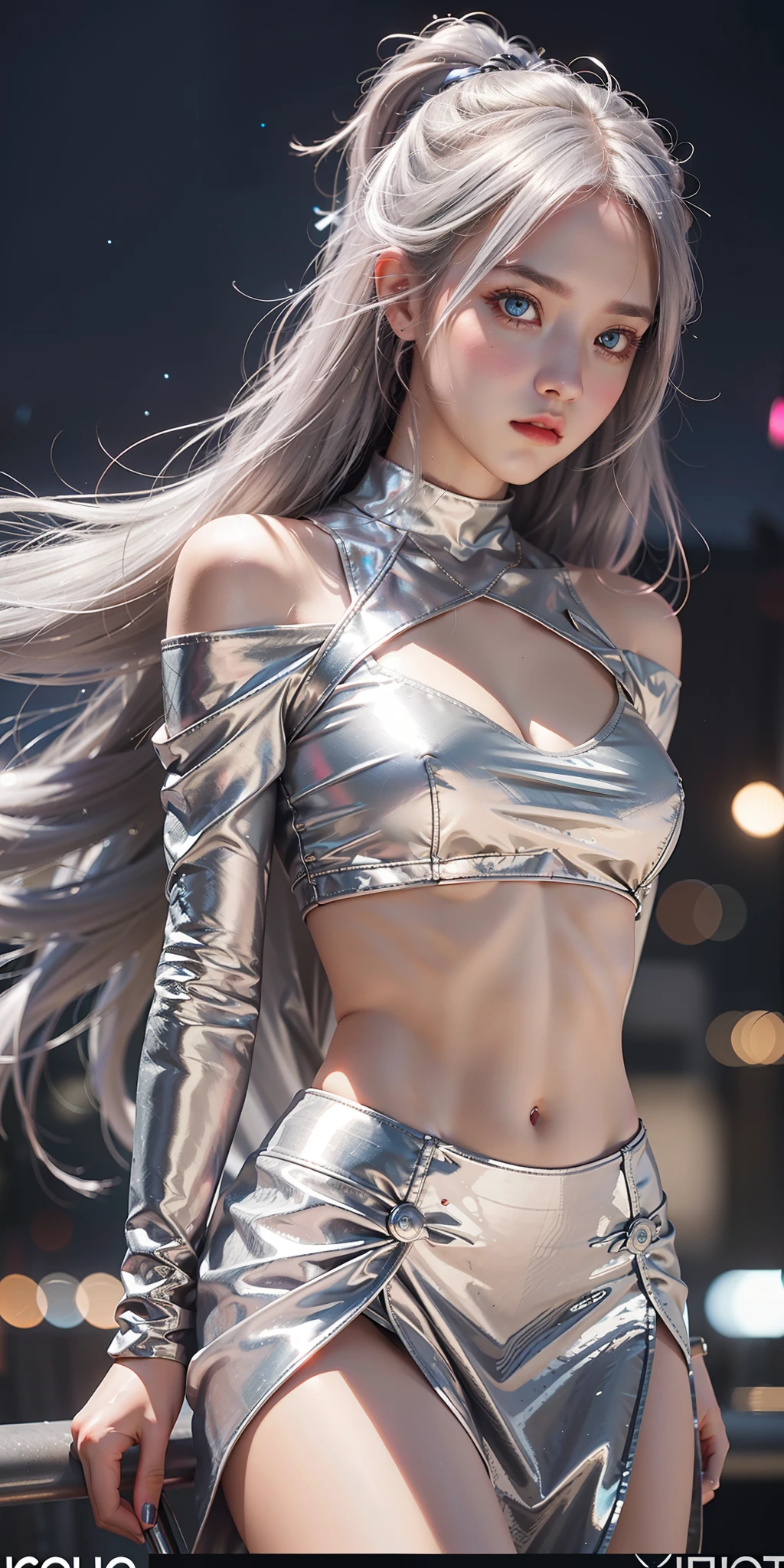 realistic, 1girl, silver hair, very long hair, glowing eyes, eyes visible through hair, crop top, skirt, parted lips, blush, night, in night city, in metro , bokeh, particles, glowing light, rim light,