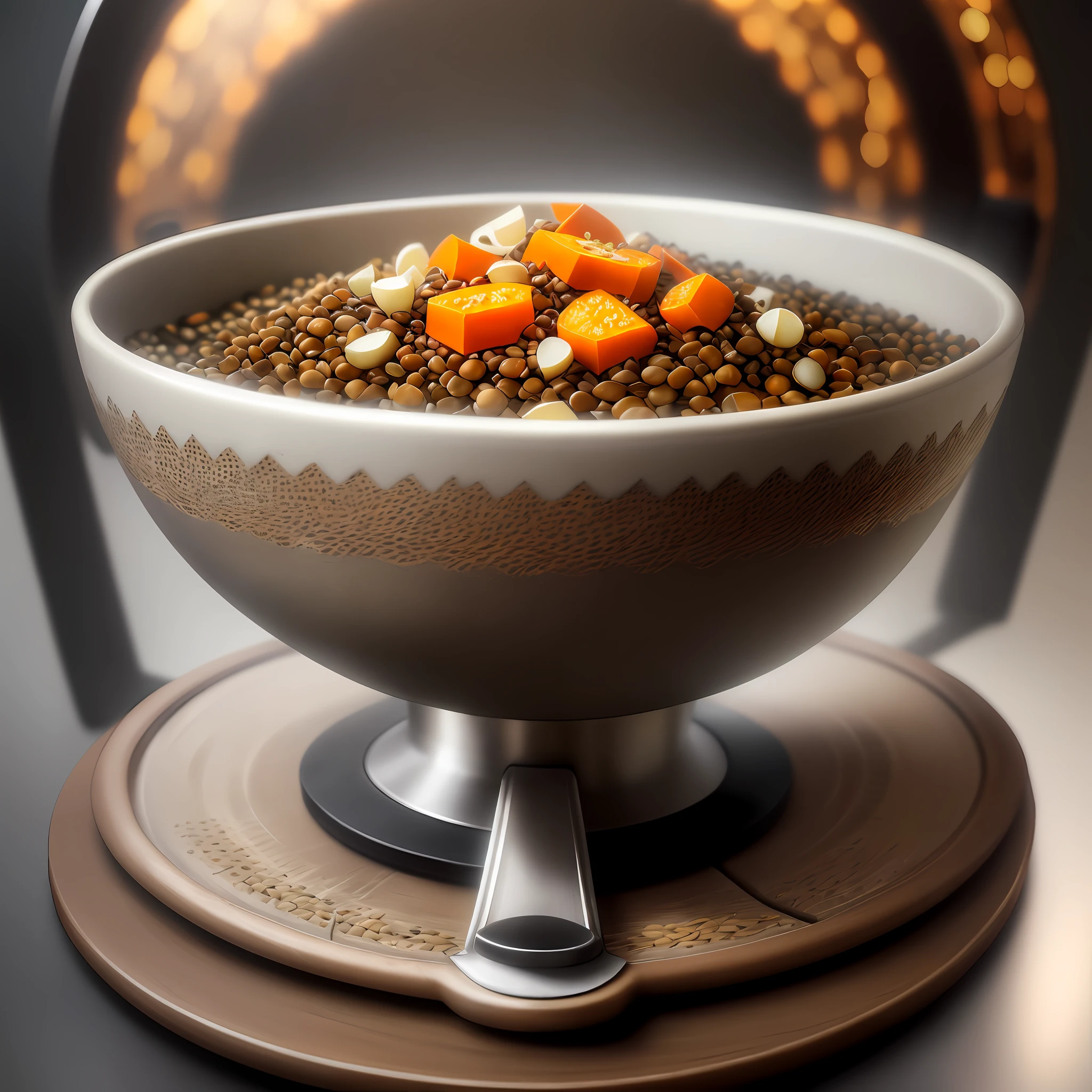 Ultra realistic style, stainless steel bowl with ((lentils)), chopped potato, grated carrot, pumpkin seeds, intricate details, dslr, 100 mm, pets, diffused light, Studio photography, professional advertising, 8k