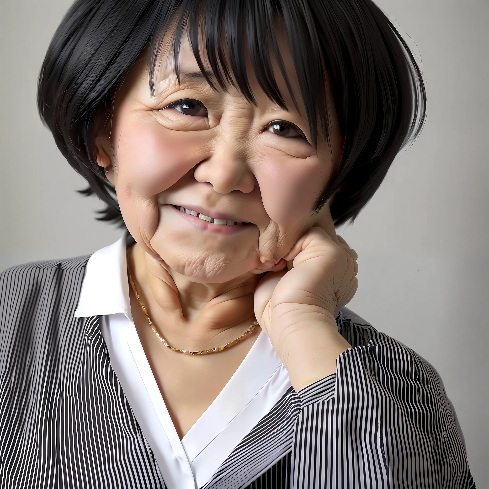 Ass shot of a curvy woman age 80 in a black official shirt posing for a picture, big bust, japanese model, short hair, in full growth by