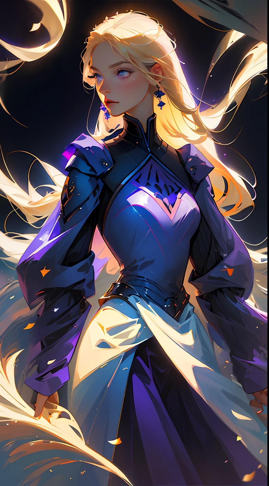 beautiful girl, blue eyes, blonde long straight hair, purple dress, high quality, detailed, anime, high quality, high detail aristocrats, royalty, (luminous particles: 1.3), moonlight, lens flare, (cinematic light), illustration, royalty, [: (detailed face: 1.2): 0.2], detailed, detailed clothing, (detailed background: 1.3), dynamic pose, 30 years old, concept art, splashart, particles, wind, flowers, upper body,  Simple background with gear elements