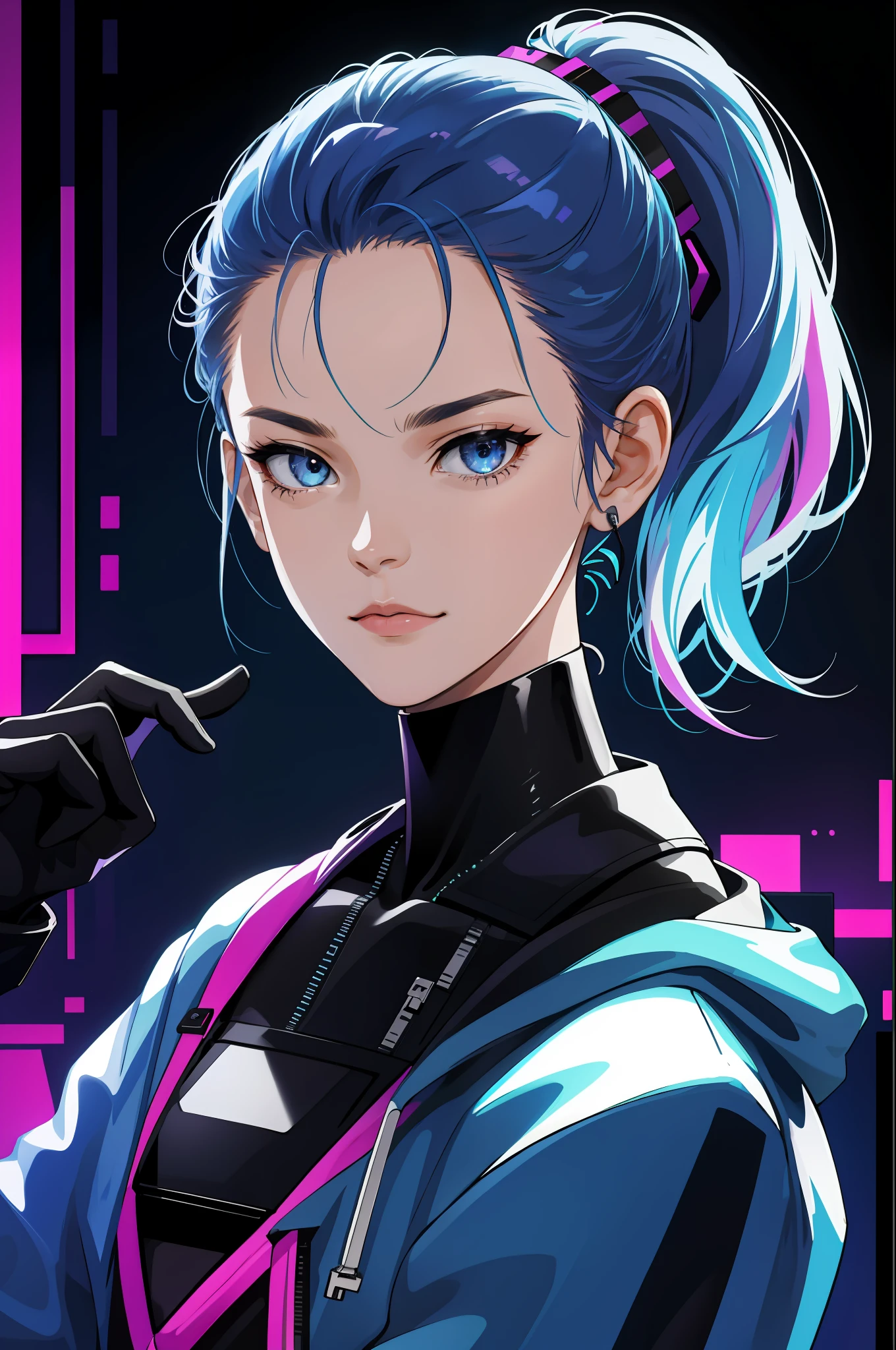 "(Ridiculous, HD, Ultra Detailed) A Girl, Cute Ponytail, Eyes Exquisite Detailed, Solo Portrait, Half Shot, Background Detail, Complex Face Details (80s Synth Wave Theme: 1.1), Hacker Image, Fashion Tech Wearable, Wearables, Key Cards, Cables, Holograms (1.05), Dark Sinister Atmosphere, Shadows, Computer Cryptographic Device Control System, Blu-ray."