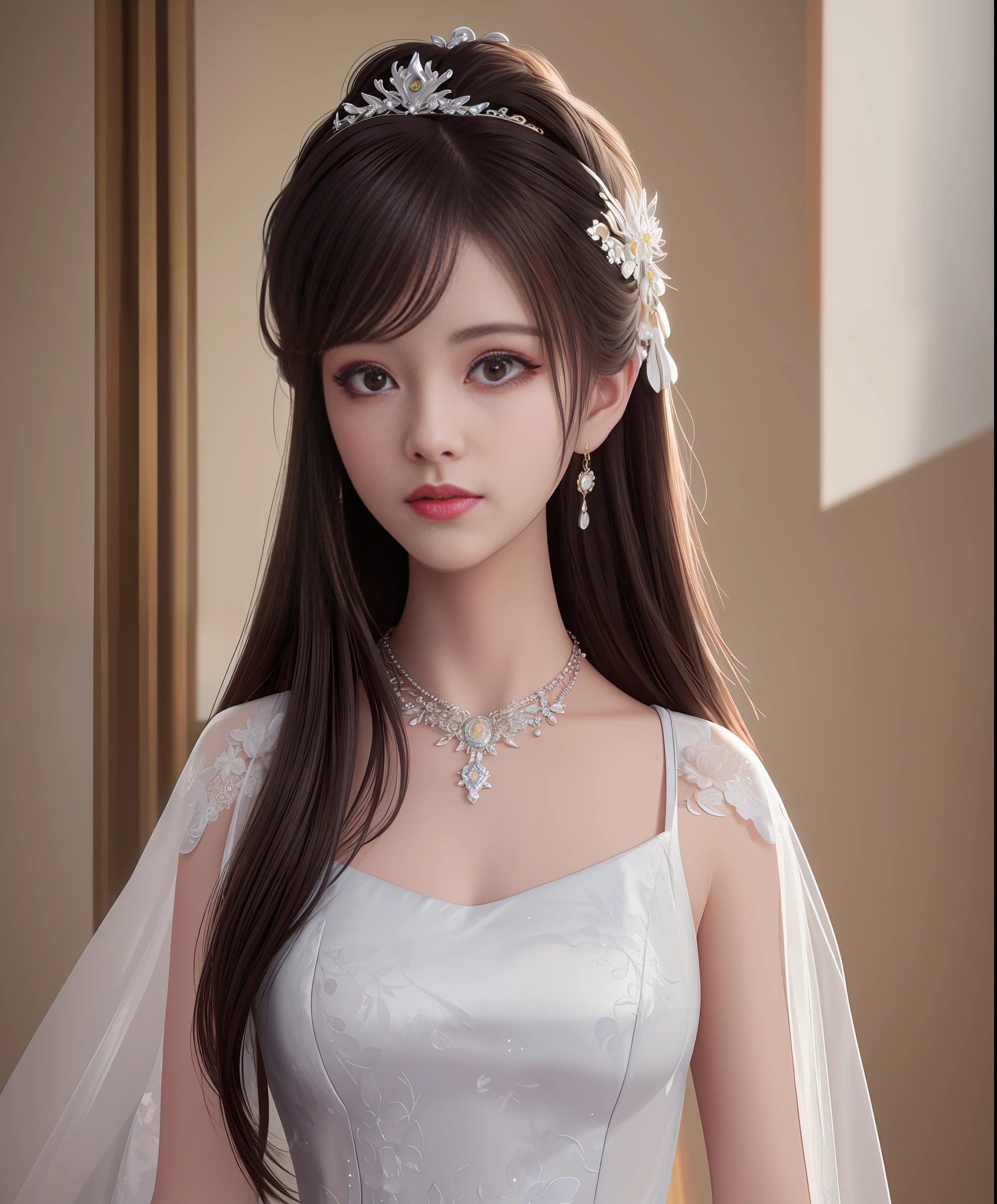 Best quality, masterpiece, high resolution, 1girl, porcelain dress, hair accessories, necklace, jewelry, beautiful face, on the body, Tyndall effect, realistic, dark studio, edge lighting, two-tone lighting, (high detail skin: 1.2), 8k UHD, dslr, soft light, high quality, volumetric light, candid, photo, high resolution, 4k, 8k, background blur,