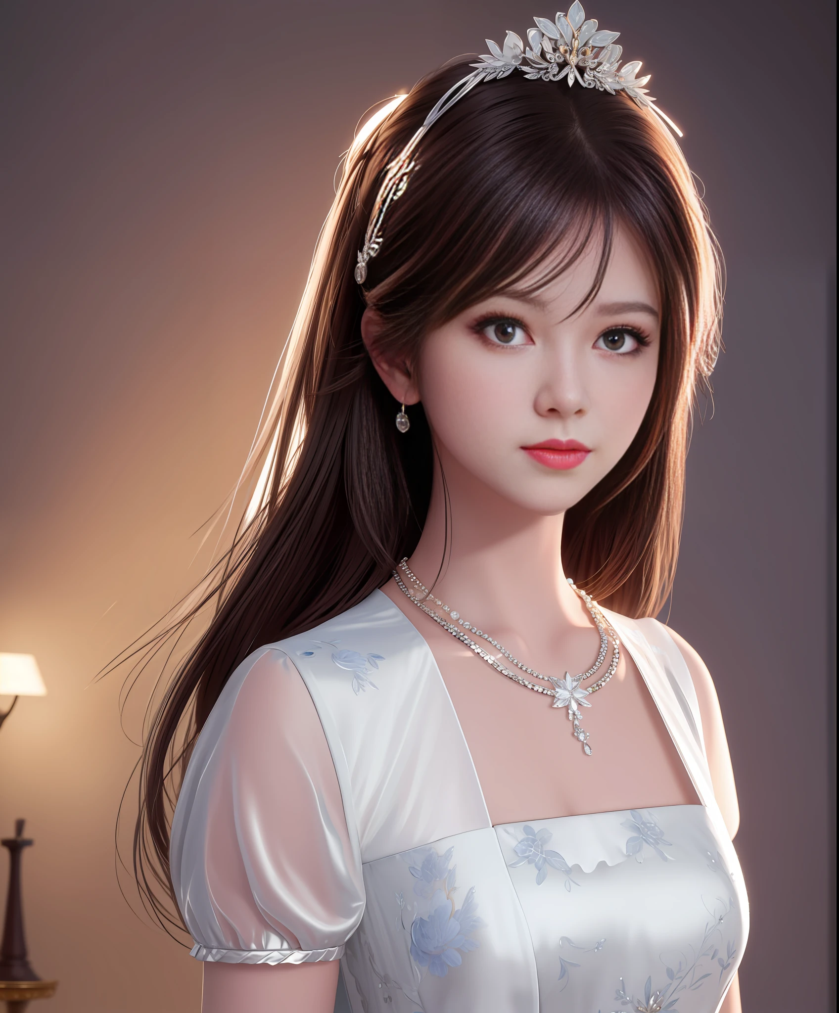 Best quality, masterpiece, high resolution, 1girl, porcelain dress, hair accessories, necklace, jewelry, beautiful face, on the body, Tyndall effect, realistic, dark studio, edge lighting, two-tone lighting, (high detail skin: 1.2), 8k UHD, dslr, soft light, high quality, volumetric light, candid, photo, high resolution, 4k, 8k, background blur,