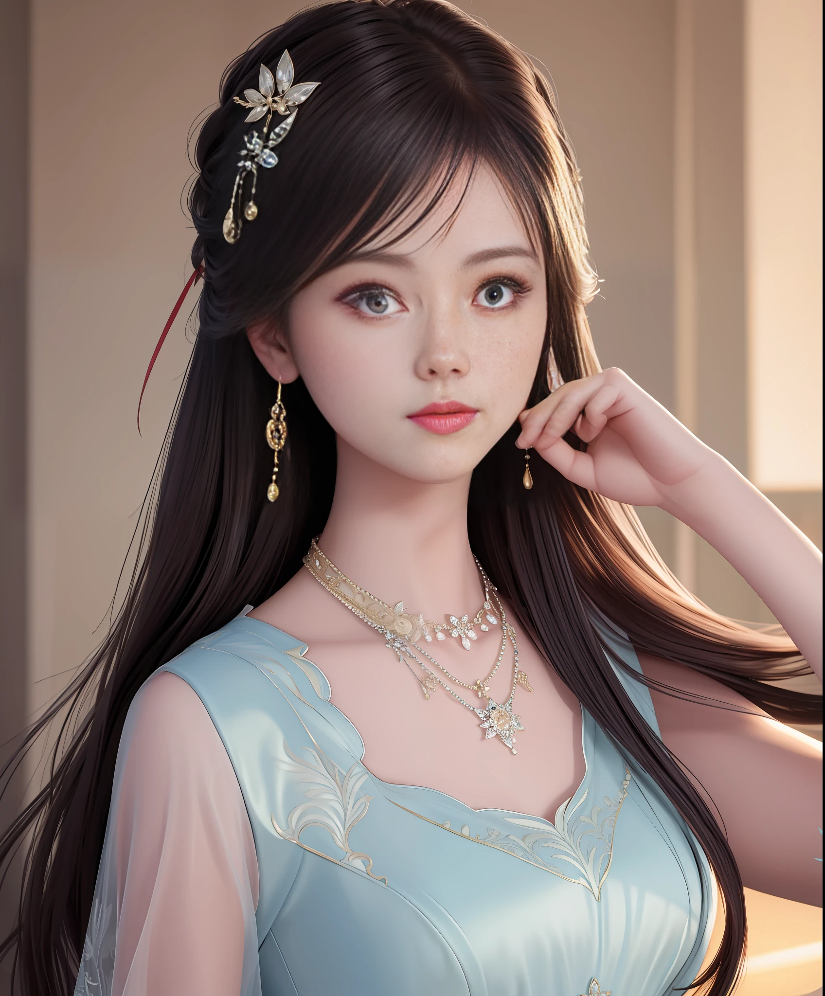 Best quality, masterpiece, high resolution, 1girl, porcelain dress, hair accessories, necklace, jewelry, beautiful face, on the body, Tyndall effect, realistic, dark studio, edge lighting, two-tone lighting, (high detail skin: 1.2), 8k UHD, dslr, soft light, high quality, volumetric light, candid, photo, high resolution, 4k, 8k, background blur,