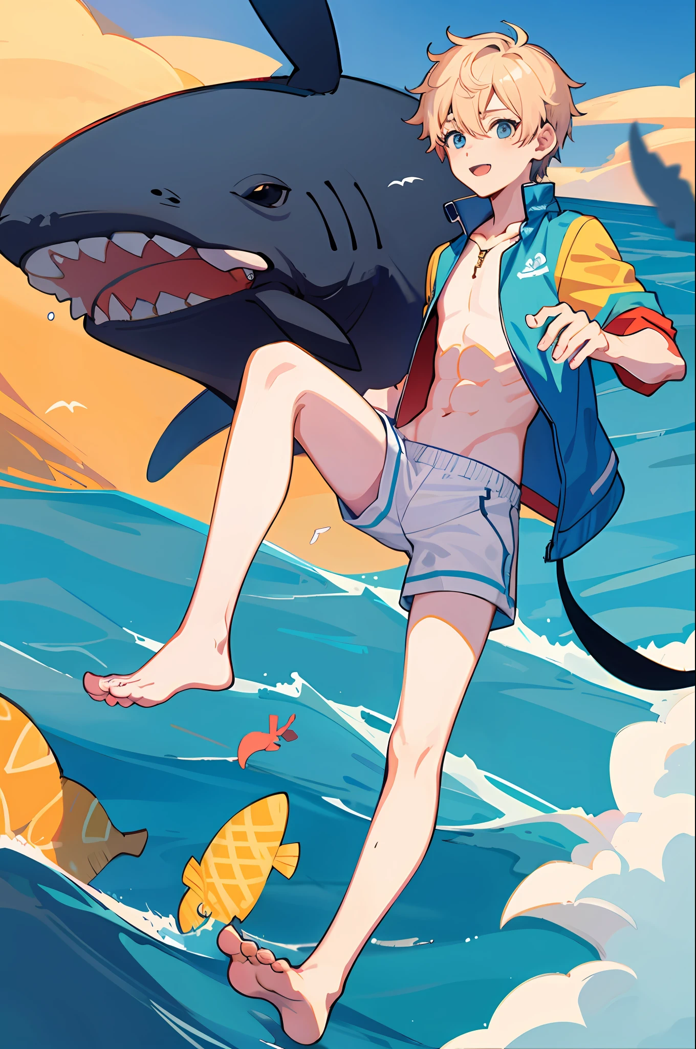 1 boy, whale, tail, ocean, , barefoot