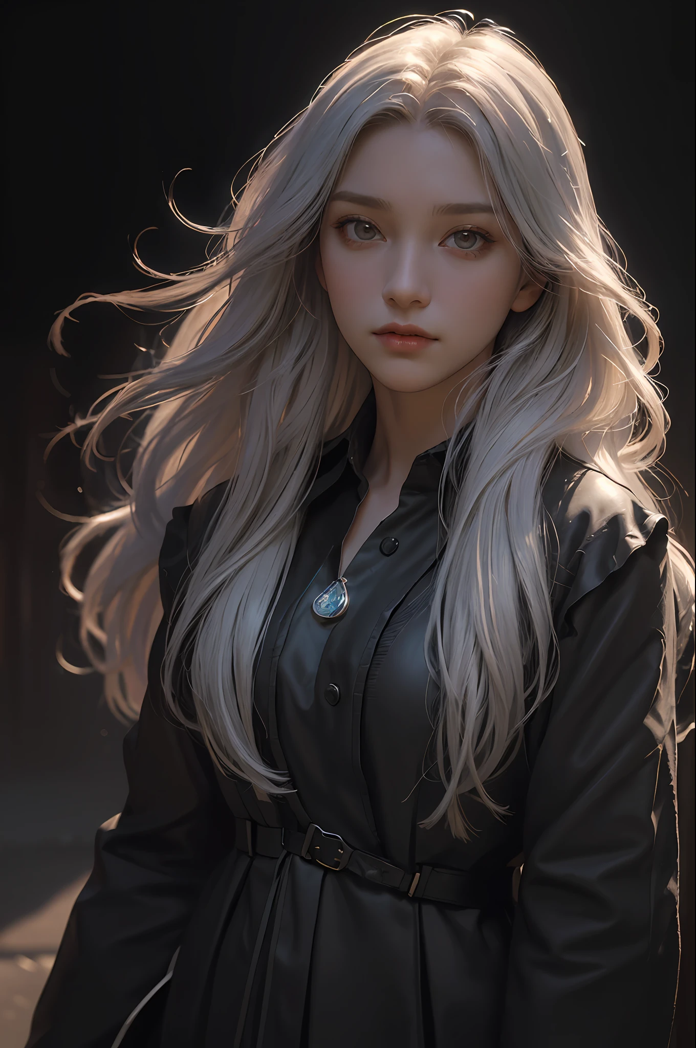 (front focus), (in the dark:1.6), Hyperrealist portrait of female by david hockney and alphonse mucha, fantasy art, photo realistic, dynamic lighting, artstation, poster, volumetric lighting, very detailed faces, 4 k, award winning, 1girl, in the dark, deep shadow, low key, cowboy shot, (official clothing:1.4), long hair, white hair