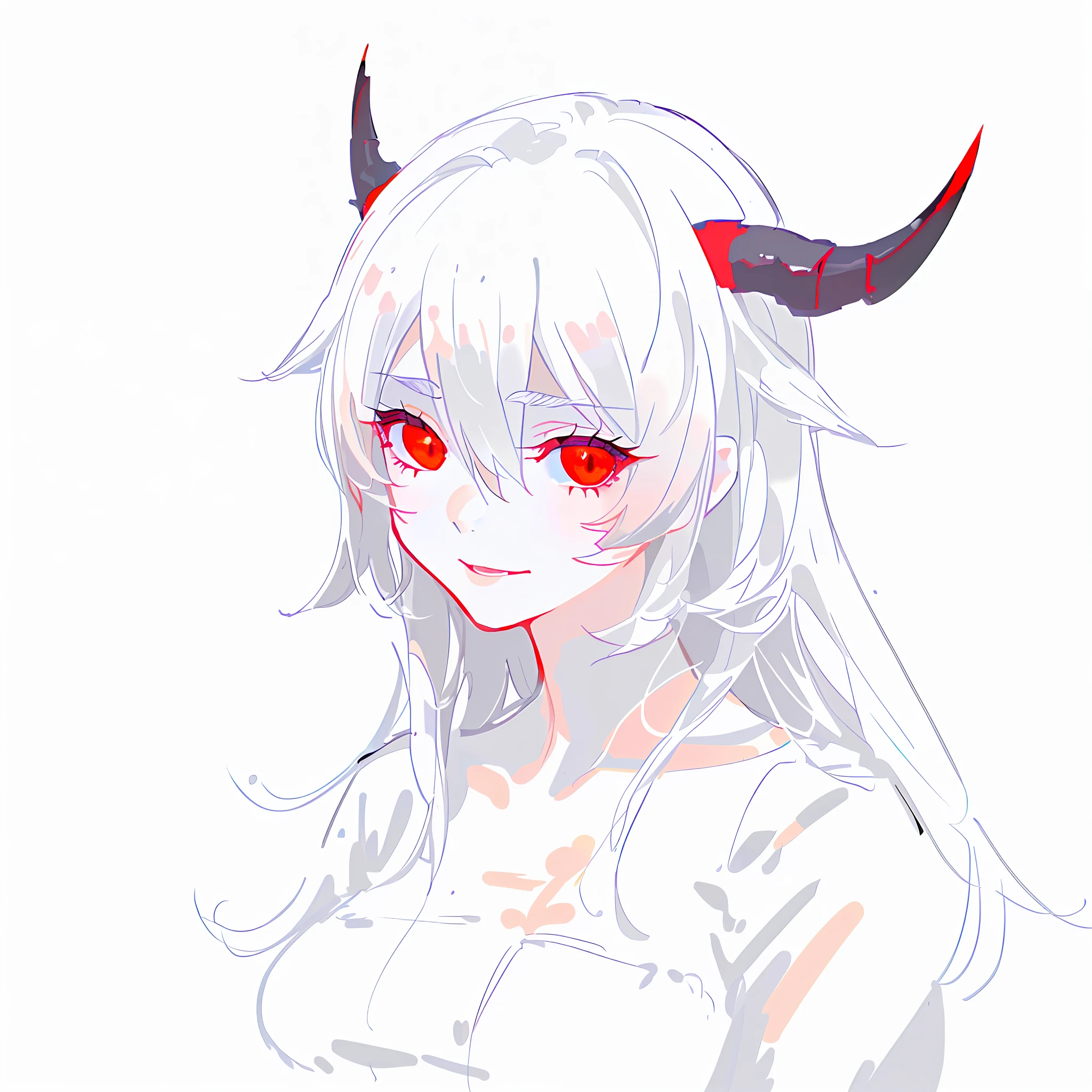 a drawing of a girl with red eyes and a creepy face, demon girl, monstergirl, portrait of demon girl, [[[[grinning evily]]]], demon anime girl, demon woman, with red glowing eyes, portrait demon half human, anime monster girl, with glowing red eyes, heavy outlines, portrait of a female demon