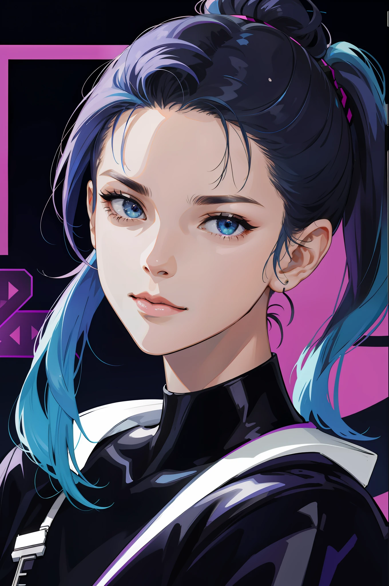"(Ridiculous, HD, Ultra Detailed) A Girl, Cute Ponytail, Eyes Exquisite Detailed, Solo Portrait, Half Shot, Background Detail, Complex Face Details (80s Synth Wave Theme: 1.1), Hacker Image, Fashion Tech Wearable, Wearables, Key Cards, Cables, Holograms (1.05), Dark Sinister Atmosphere, Shadows, Computer Cryptographic Device Control System, Blu-ray."