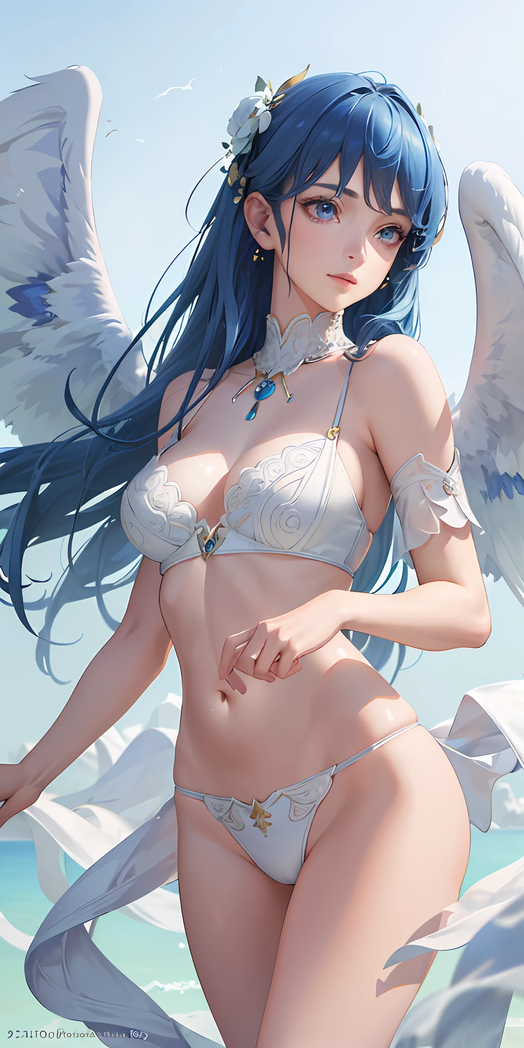 (photorealistic:1.4), (masterpiece, sidelighting, finely detailed beautiful eyes: 1.2), masterpiece*portrait, realistic, 3d face, glowing eyes, blue hair, lustrous skin, solo, wings, open clothes, (midriff), barcode. bottomless