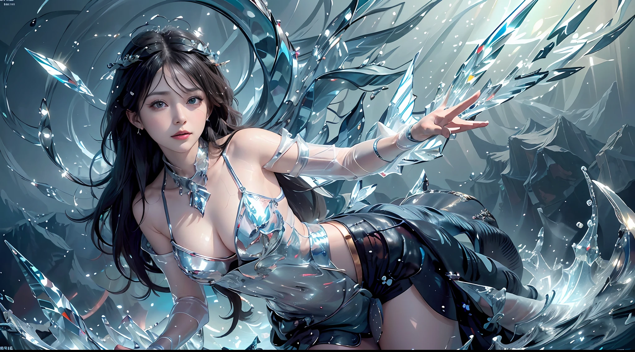 (Masterpiece, Top Quality, Best, Official Art, Beautiful and Aesthetic, Long Exposure: 1.2), Smooth Movement, Fascinating Patterns, 1 Girl, Adult Russian Woman, Freckles, Jade Eyes, Black Lob Hair, Portrait, Solo , upper body, gaze at observer, detailed background, detailed face, (crystallineAI, crystalline theme:1.1), elemental water sprite, spinning water, controlling water, fantasy magician clothes, dynamic pose, floating particles, ethereal dynamics, water , steam, ocean in the background, blue tones, coast, ethereal atmosphere,