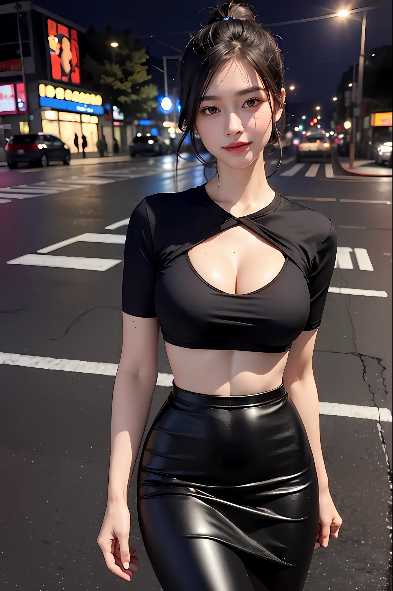 (8K, highest quality, masterpiece: 1,2), (realistic, photorealistic: 1,37), highest quality, masterpiece, beautiful woman, cropped V-neck top black T-shirt wearing women's shirts Japan fashion woman T, beautifully toned body, big cleavage, checked mini skirt, walking in the suburbs, little drizzle night background, store with European store lights, slightly wet asphalt, seductive smile with dimples,