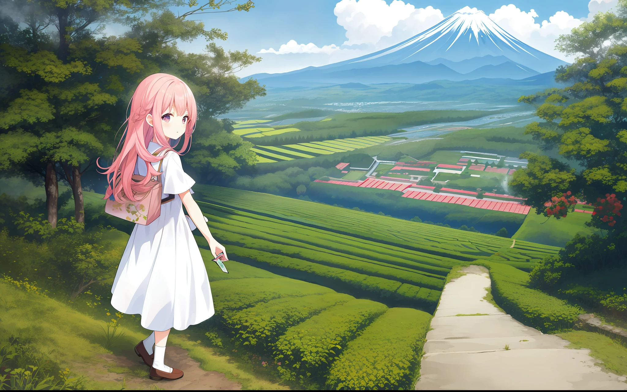 Mount Fuji, tea plantation, girl, top quality, pink hair, white dress, ephemeral, long hair, little girl, small, far winding, holding card game in hand