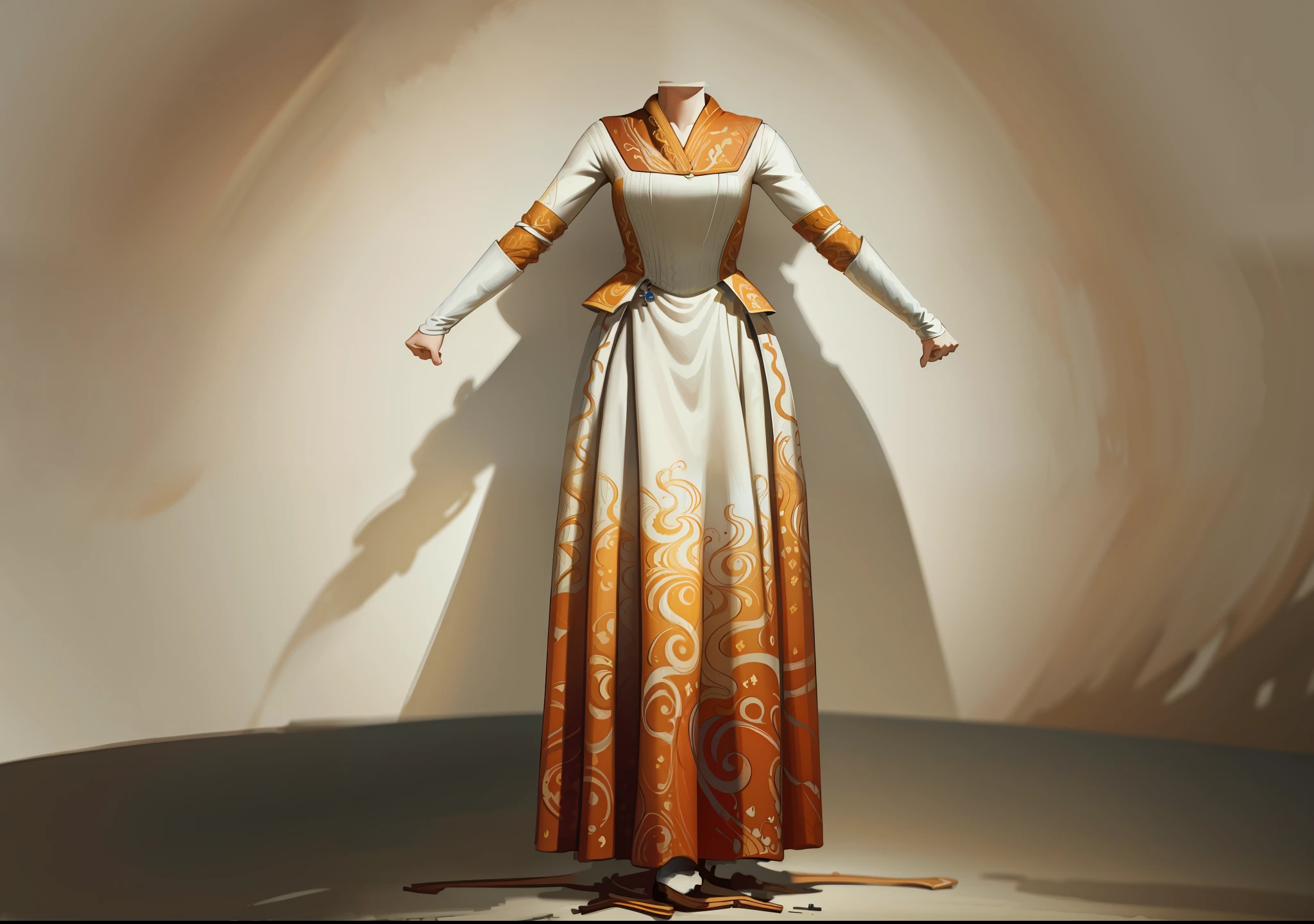 hyper detailed gouache style painting of a perfect woman dress in a white background, wavy ginger hair, hyper detailed fabric, 8k, best quality, masterpiece, smooth shadows, correct anathomy, expressive painting style