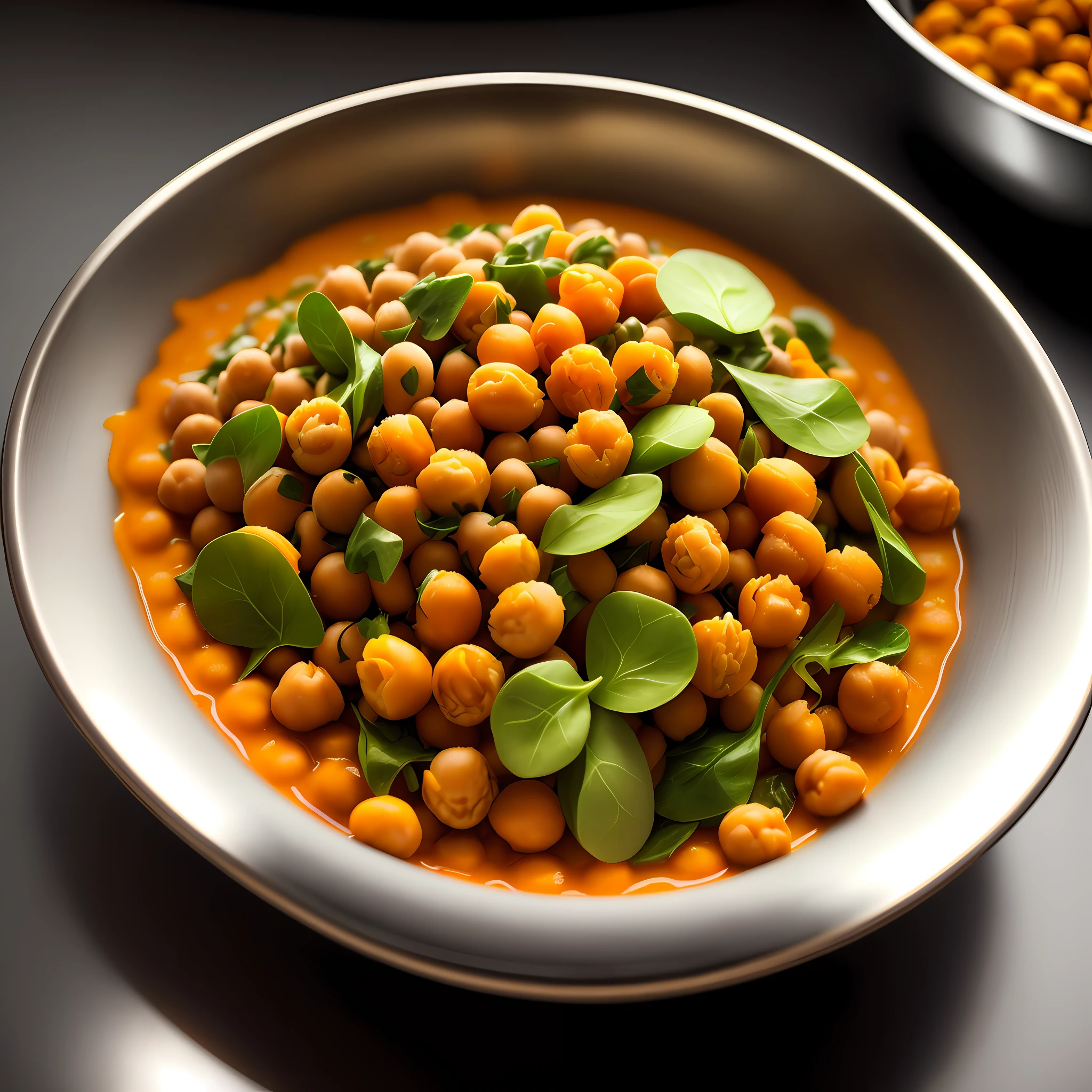 Ultra realistic style, stainless steel bowl with ((chickpeas)), pumpkin puree, spinach, thyme, intricate details, dslr, 100 mm, pets, diffused light, Studio photography, professional advertising, 8k