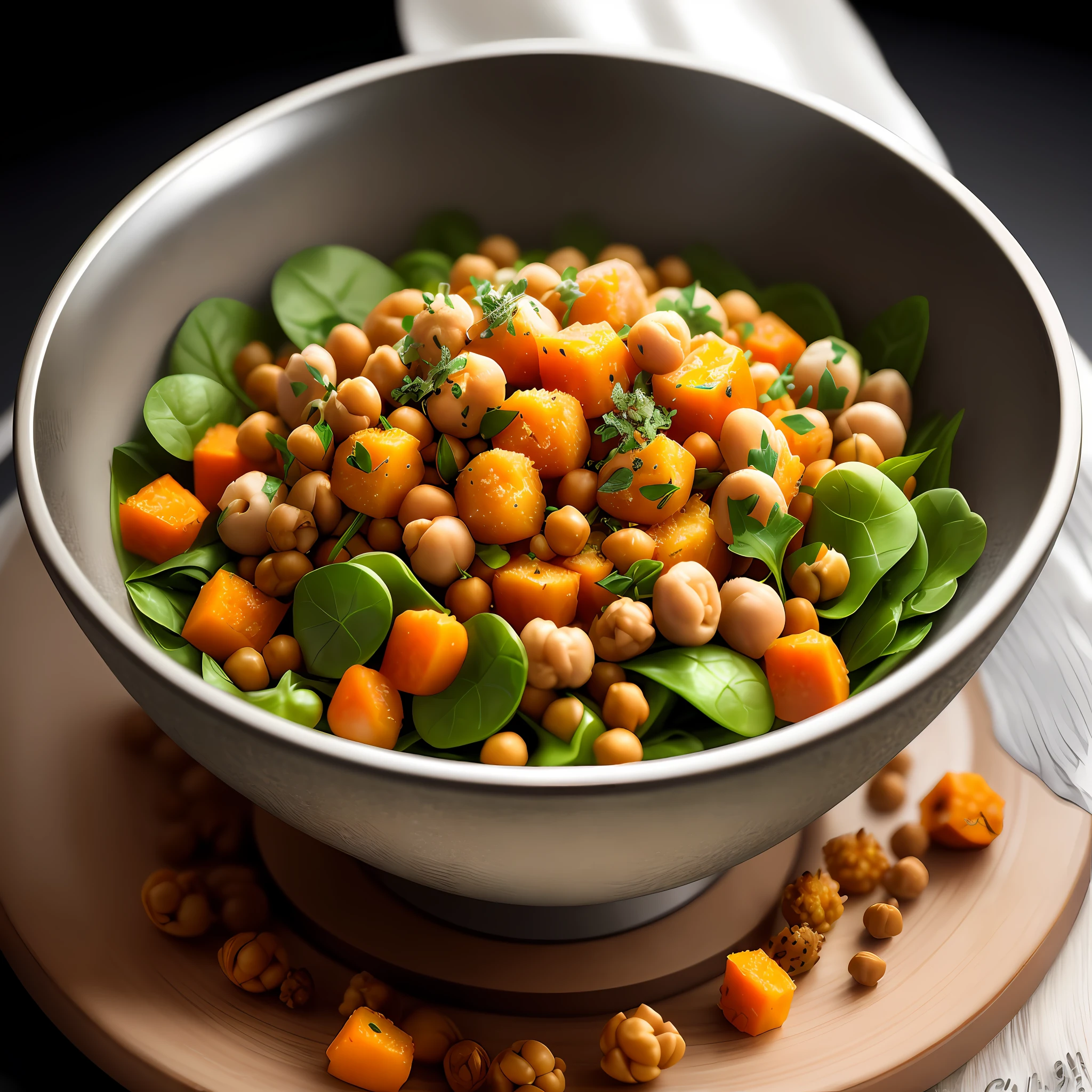 Ultra realistic style, stainless steel bowl with ((chickpeas)), pumpkin puree, spinach, thyme, intricate details, dslr, 100 mm, pets, diffused light, Studio photography, professional advertising, 8k