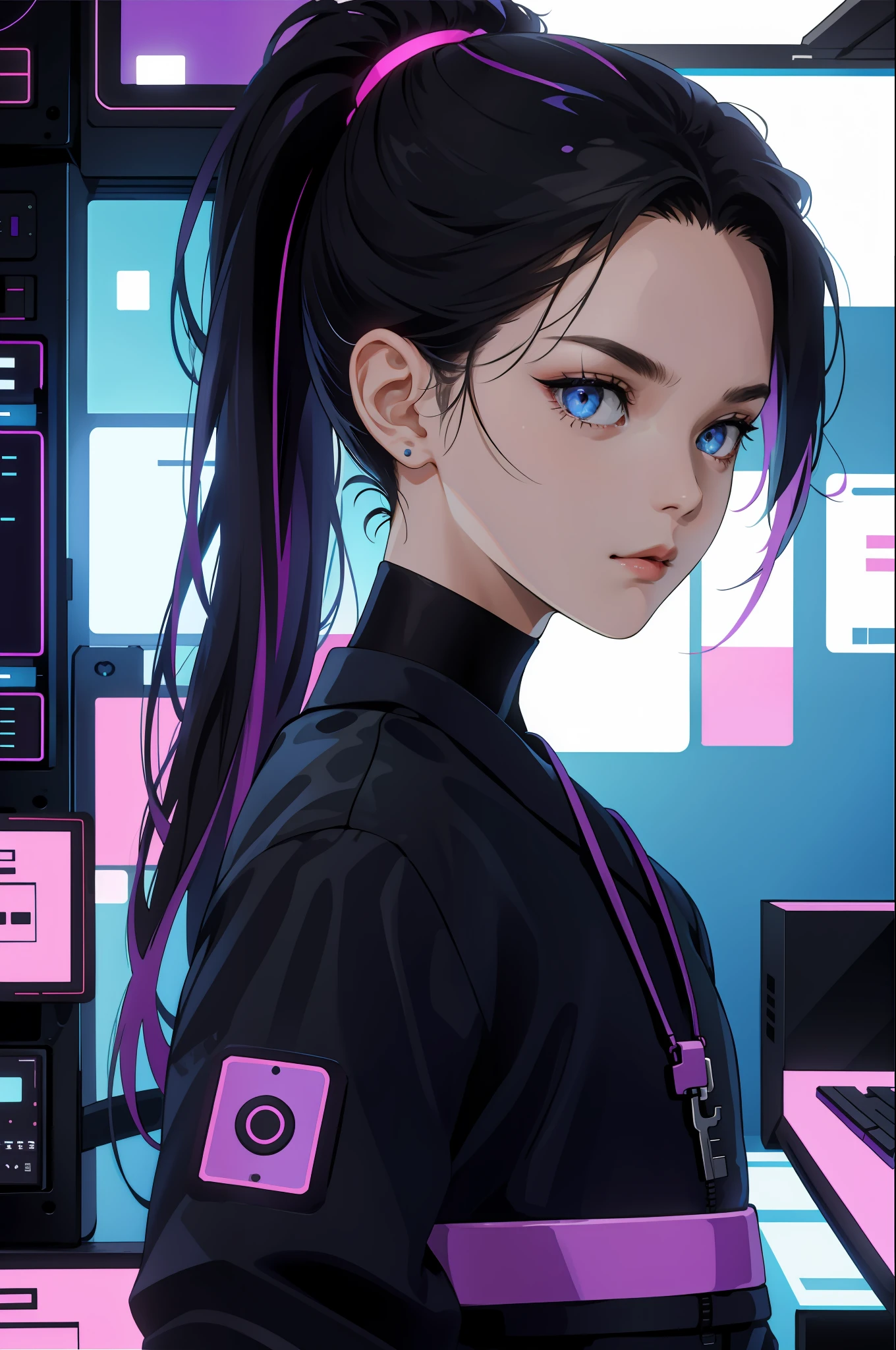 "(Ridiculous, HD, Ultra Detailed) A Girl, Cute Ponytail, Eyes Exquisite Detailed, Solo Portrait, Half Shot, Background Detail, Complex Face Details (80s Synth Wave Theme: 1.1), Hacker Image, Fashion Tech Wearable, Wearables, Key Cards, Cables, Holograms (1.05), Dark Sinister Atmosphere, Shadows, Computer Cryptographic Device Control System, Blu-ray."