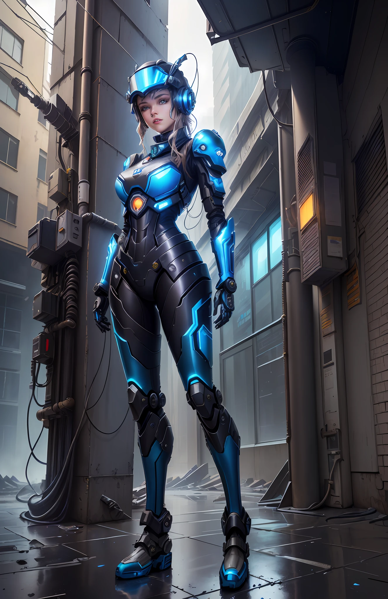 animal robot in cyber armor, steampunk suit, cyber skin, blue visor, view from bottom, on abandoned building, messy floor, robots, cyberpunk technology, cables jaunting, lens flare, by Mathias Kollros, by Julia Pishtar, modeling photography, olivia de bernardinis, by steven belledin, alina ivanchenko, night raining, wet street