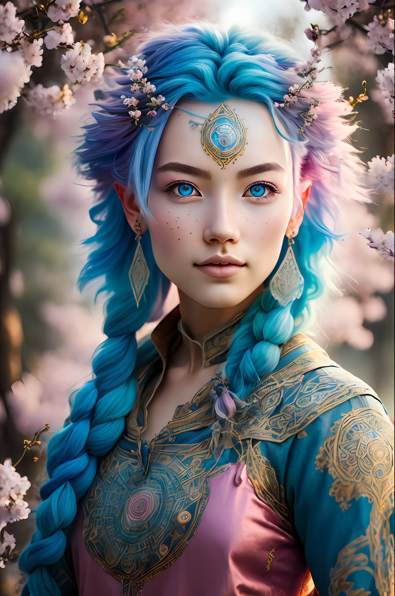 (masterpiece, best quality, ultra-detailed, highres, best illustration),1girl, two tone hair, blue hair, pink hair, blue eyes, rainbow sky, cherry blossoms,side lighting, lustrous skin,(shine),  (shiny skin, cetlic elements, norse heritage), ray tracing,  shirt, wind swept hair, detailed hair, detailed face, ,depth_of_field,very detailed background,extreme light and shadow,(detailed eyes) , perfect anatomy, (zentangle, mandala, tangle, entangle), dynamic angle, wide shot, upper body, city scape, extreme light and shadow, night sky