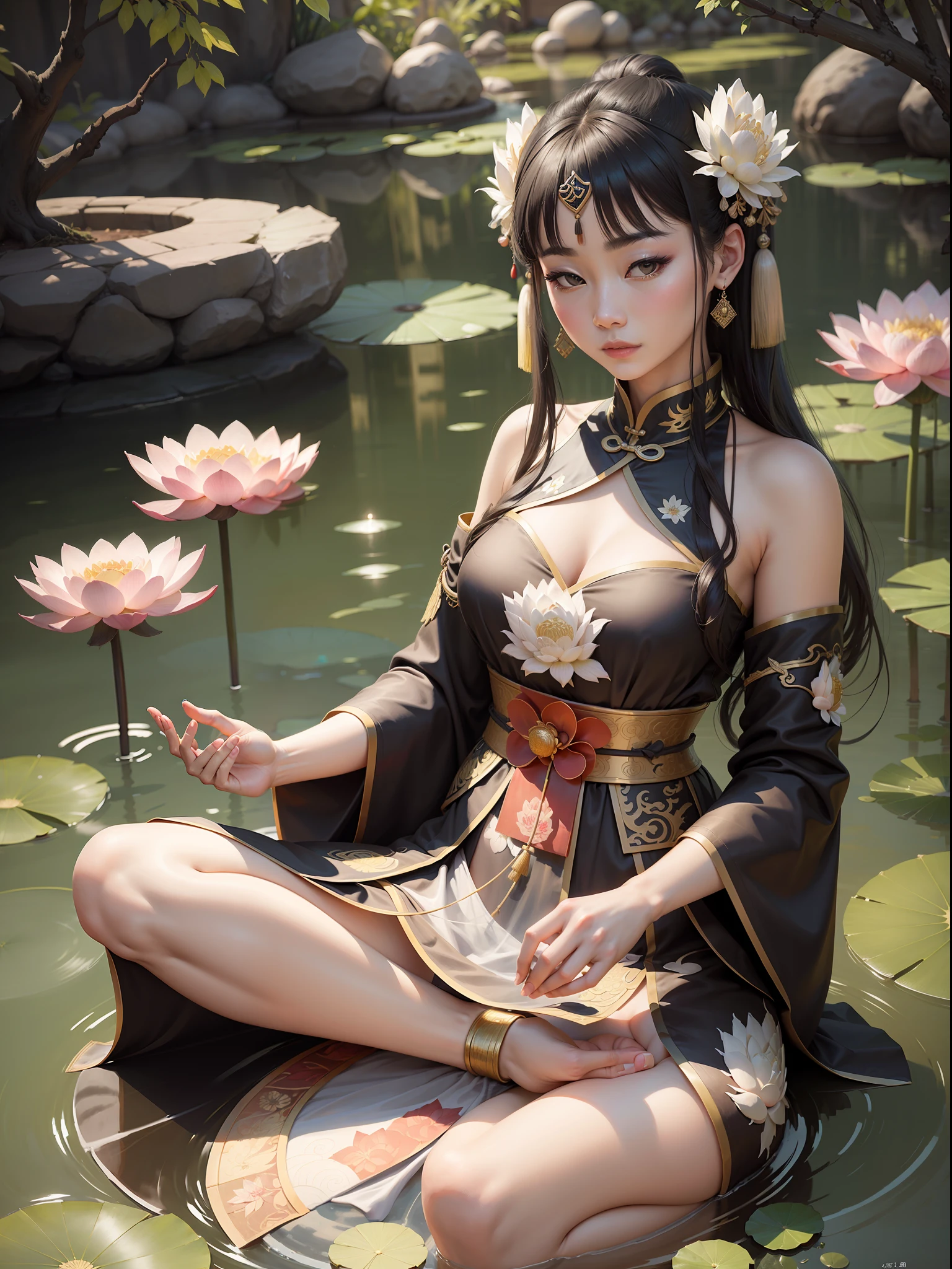 An ancient Chinese beauty sitting on a stone, wearing ancient Chinese clothing, flowing tulle, light silk, lazy posture, large lotus leaf, lotus, ink painting style, clean color, decisive cutting, blank, freehand, masterpiece, super detailed, epic composition, high quality, the highest quality, 4k --v 6