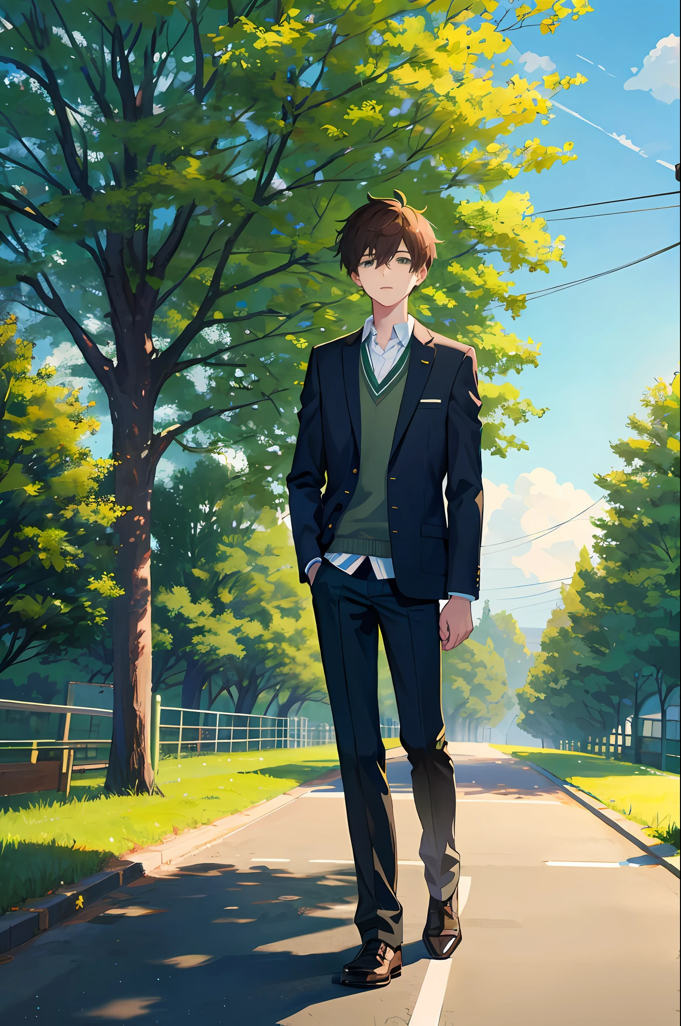 1 boy, , school uniform, brunet, road, green tree, sun, standing