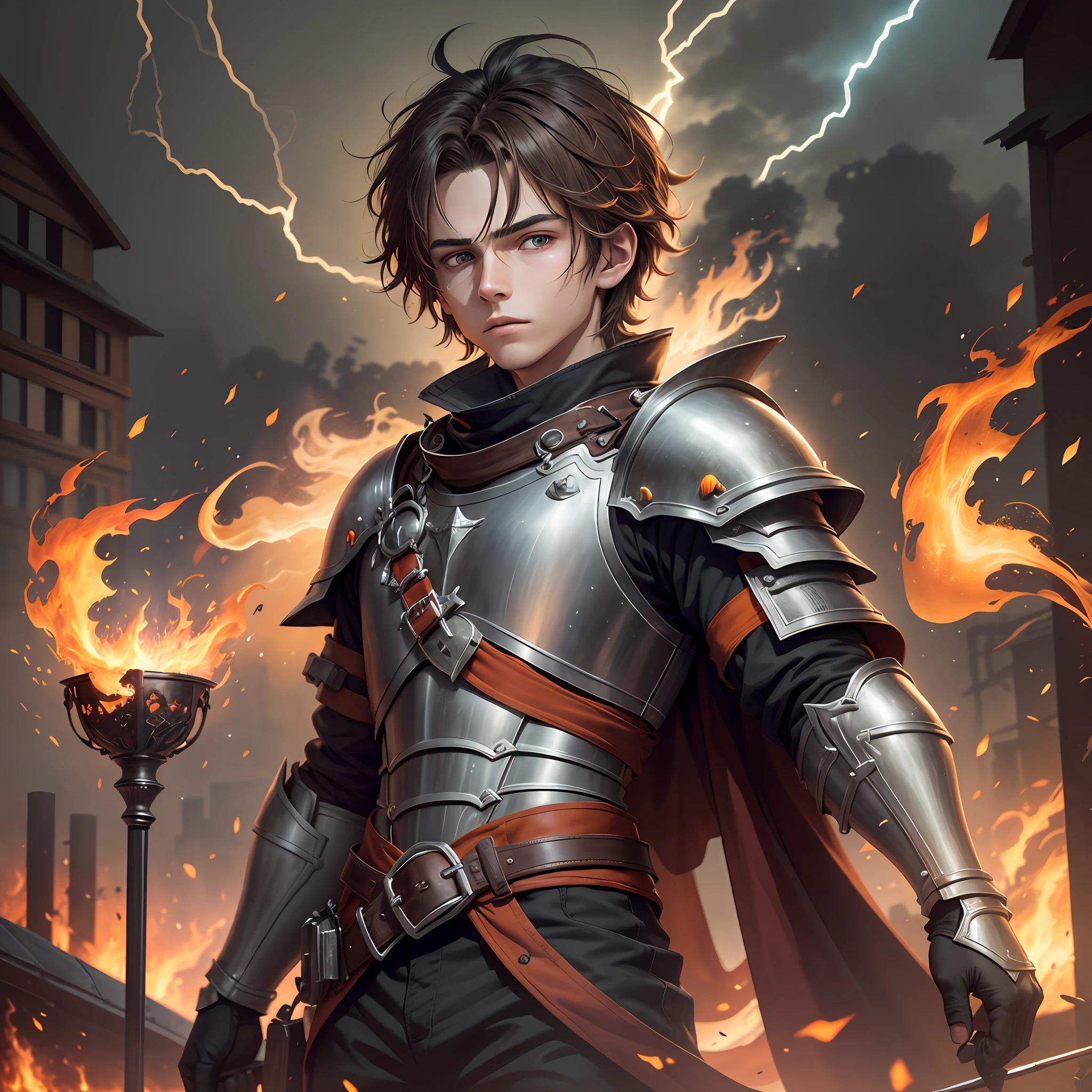 a -yeld te1 boy, brown short hair, light brown short hair, short hair parted in the middle, man's short hair with locks, bright green eyes, without a beard, without a goatee, no facial hair, silver and red colored medieval knight armor, red clothes, closeup shot, whirling wind, lightning around character, night complex background, highly detailed, (gloomy:1.3), dark, dimmed, hdr, vignette, grimy, Fire Manipulation, Phoenix Physiology, Fire Magic, Fire Attacks, night sky at entrance, fire light in the background, forest burning, floating many bright flames of yellow and orange fire particles, burning fire in hand, floating many flames of fire