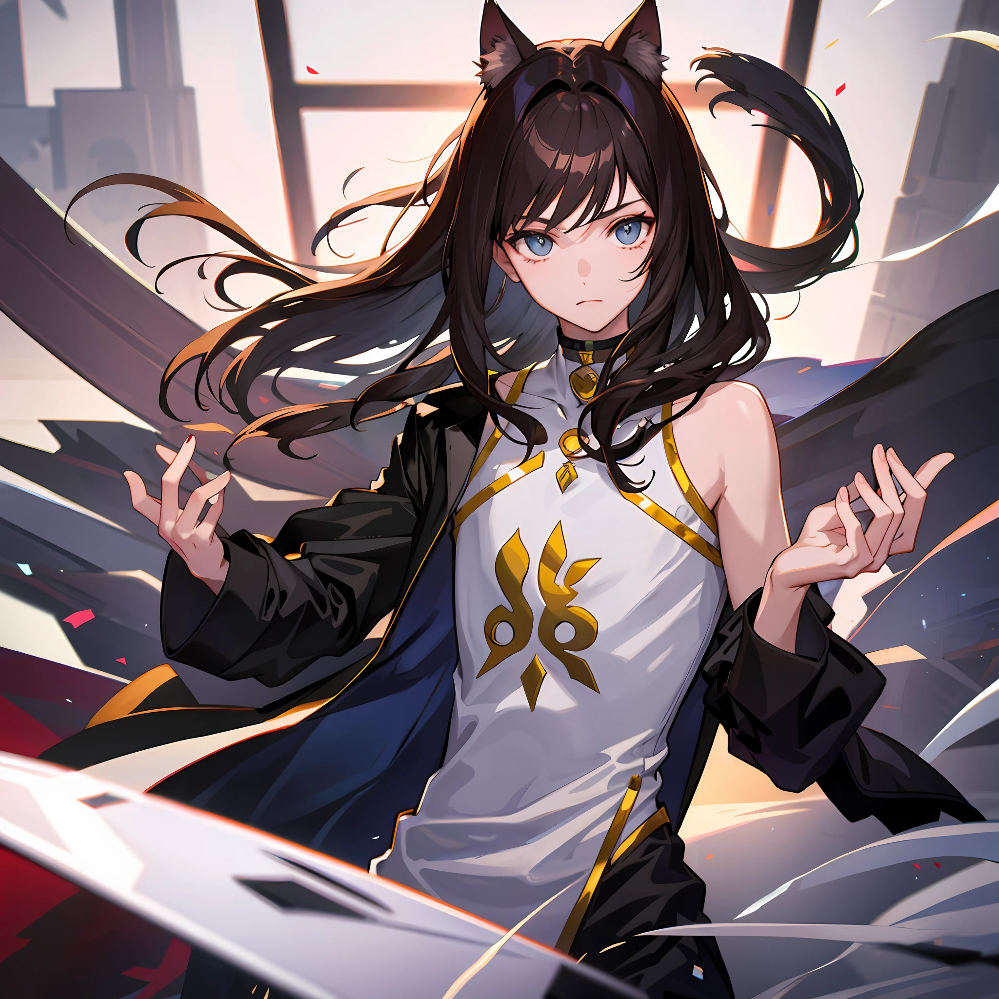 Brunette hair, 1 boy, , cat ears, skinny, half-body