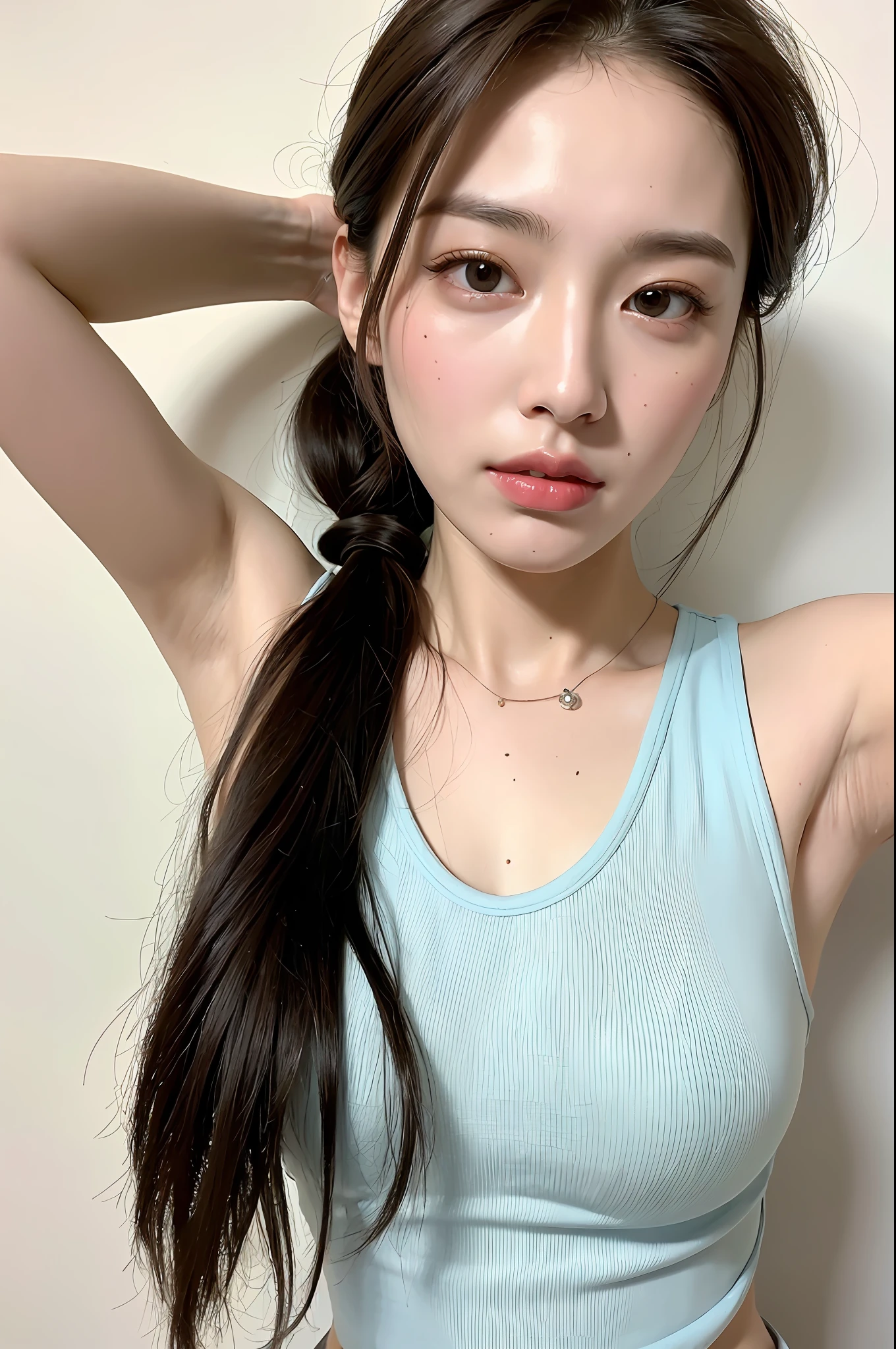 ((Best quality, 8k, Masterpiece :1.3)), 1girl, Pretty woman with emphasizing slender abs :1.3, (random hairstyles :1.2), Oversized tank top :1.2, Ultra-detailed face, Detailed eyes, Double eyelid, armpit