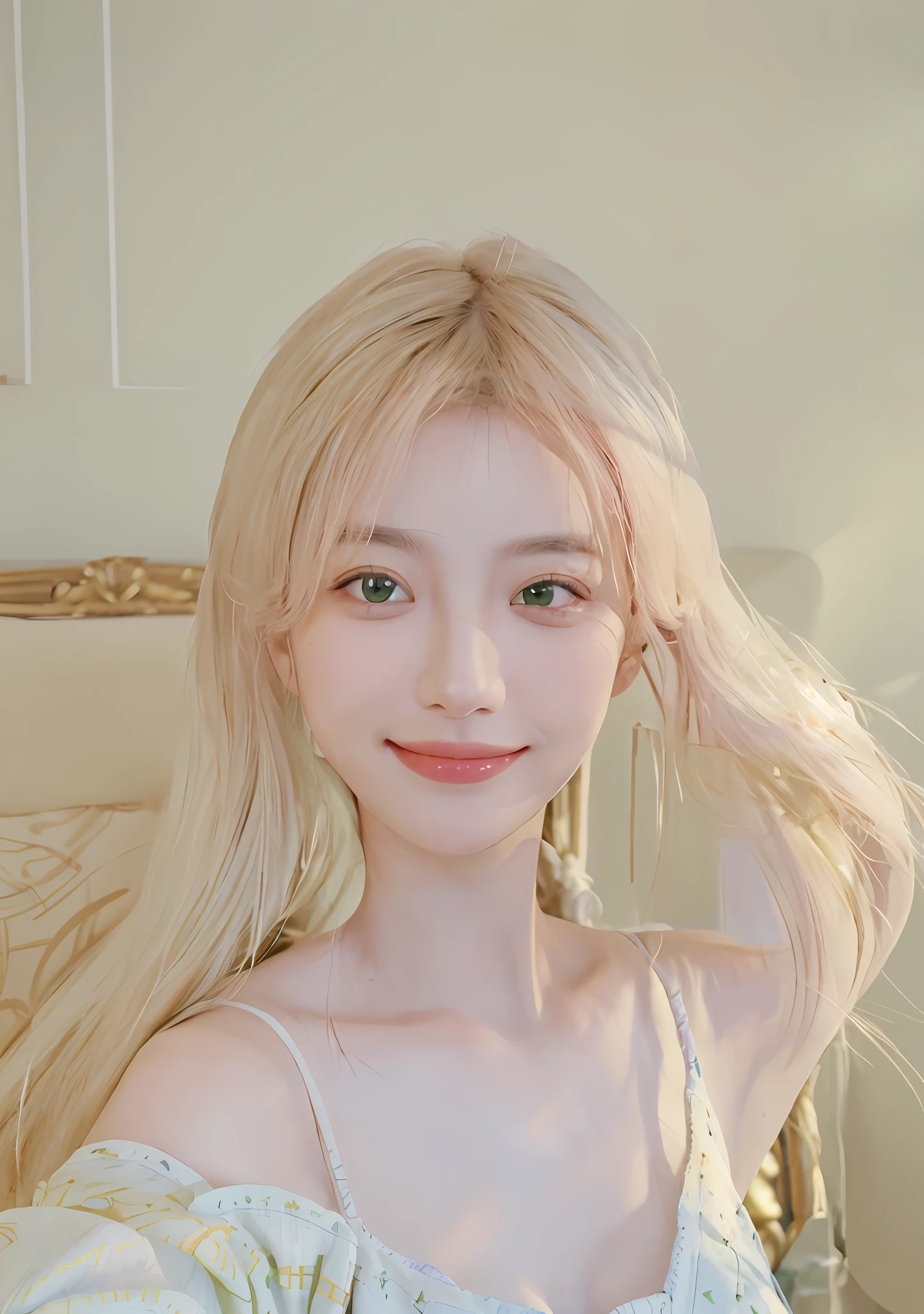 8K, Best Quality, Masterpiece, Ultra High Resolution, (Realism: 1.4), Original Photo, (Realistic Skin Texture: 1.3), (Film Grain: 1.3), (Selfie Angle), 1 Girl, Beautiful Emerald Gemstone Eyes and Exquisite Face Details, Pink Top, Masterpiece, Best Quality, Close-up, Upper Body, Looking at the Viewer, (Smile: 1.5), Big Breasts, Big Tits, Oversized Tits,,