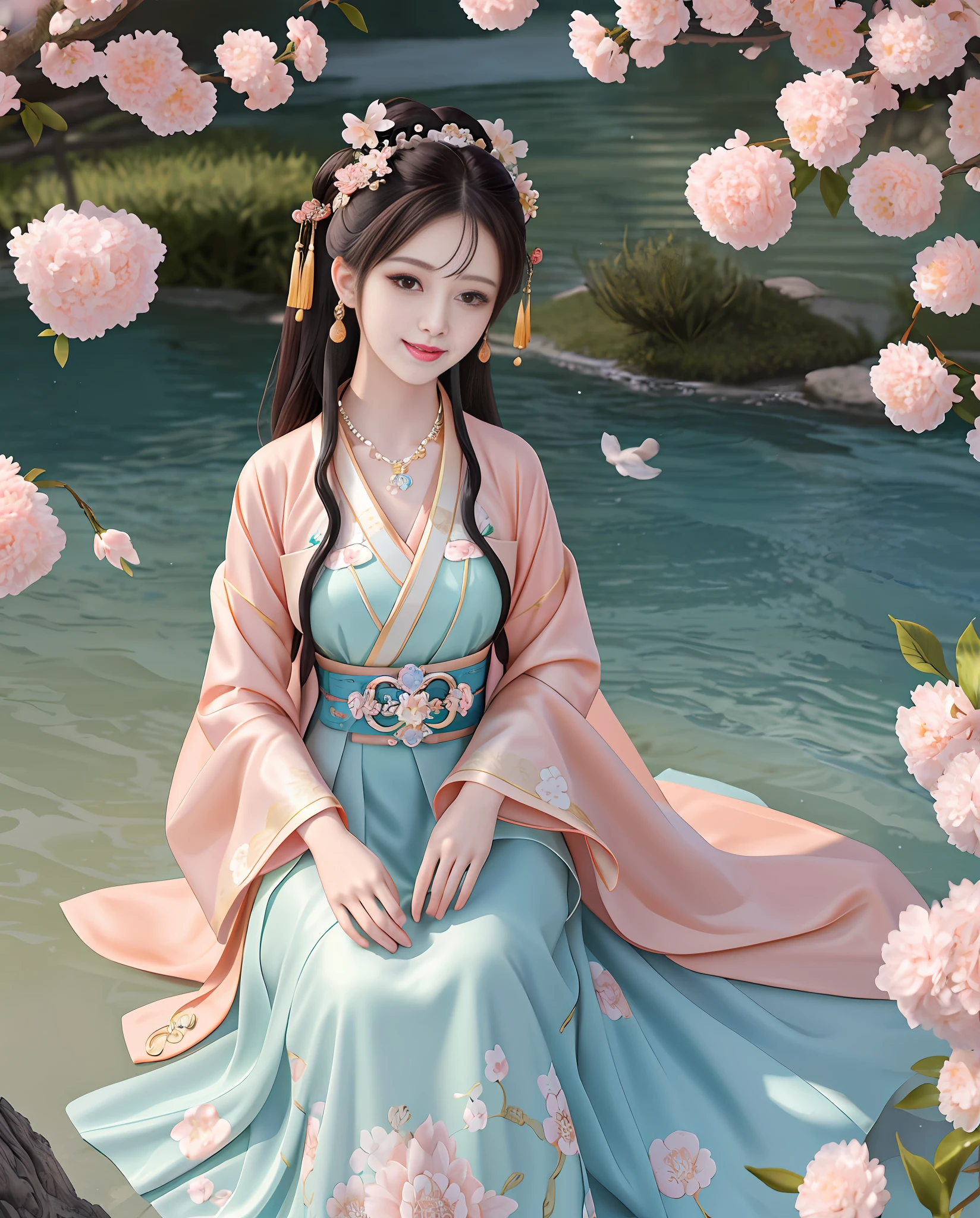 Best quality, masterpiece, high resolution, 1girl, hanfu, exquisite hair accessories, chinese-style necklace, jewelry, beautiful face, (high detail skin: 1.2), 8k UHD, dslr, soft light, high quality, volumetric light, high resolution, outdoor scene, peach blossom sea, Hanfu, sunny cute, smiling face camera,