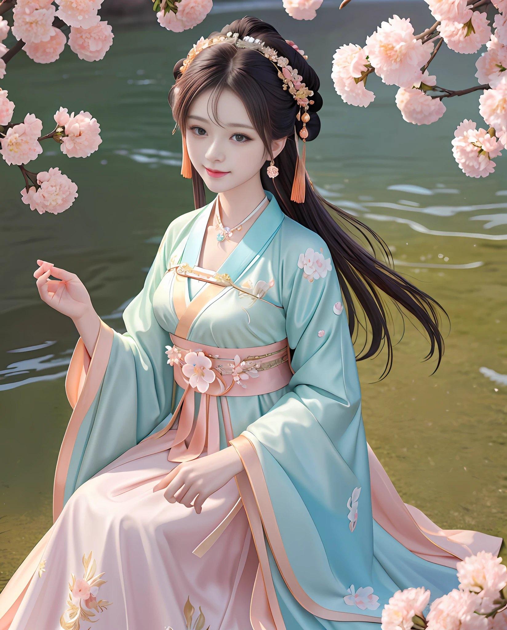 Best quality, masterpiece, high resolution, 1girl, hanfu, exquisite hair accessories, chinese-style necklace, jewelry, beautiful face, (high detail skin: 1.2), 8k UHD, dslr, soft light, high quality, volumetric light, high resolution, outdoor scene, peach blossom sea, Hanfu, sunny cute, smiling face camera,