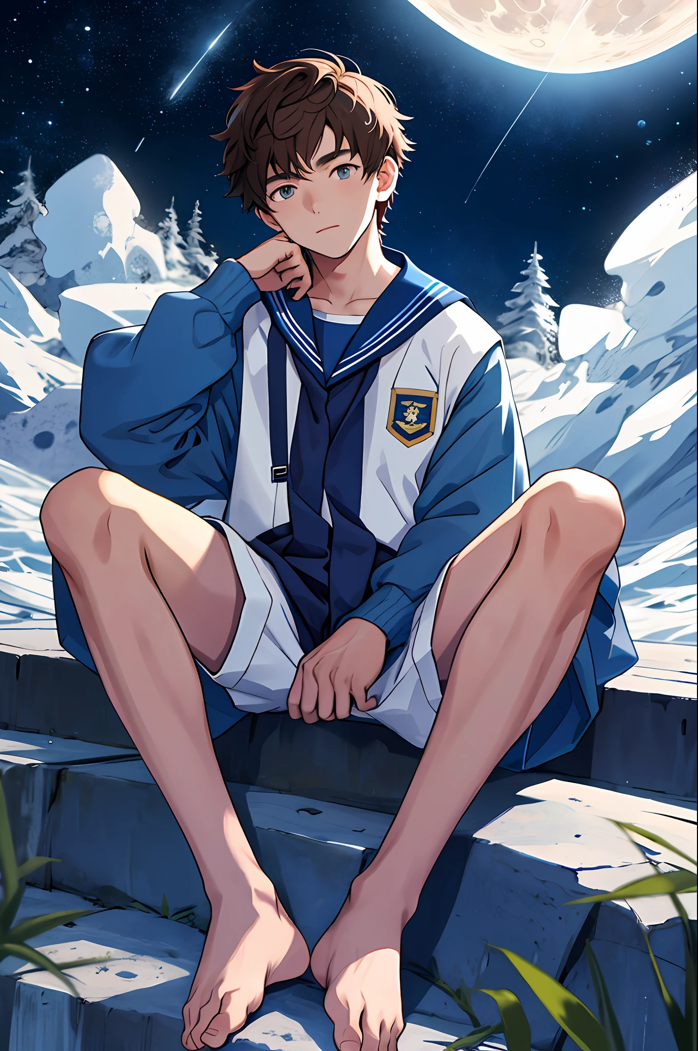 1 boy, , sitting on the moon, starry sky, barefoot, brunette hair, sailor suit, shorts