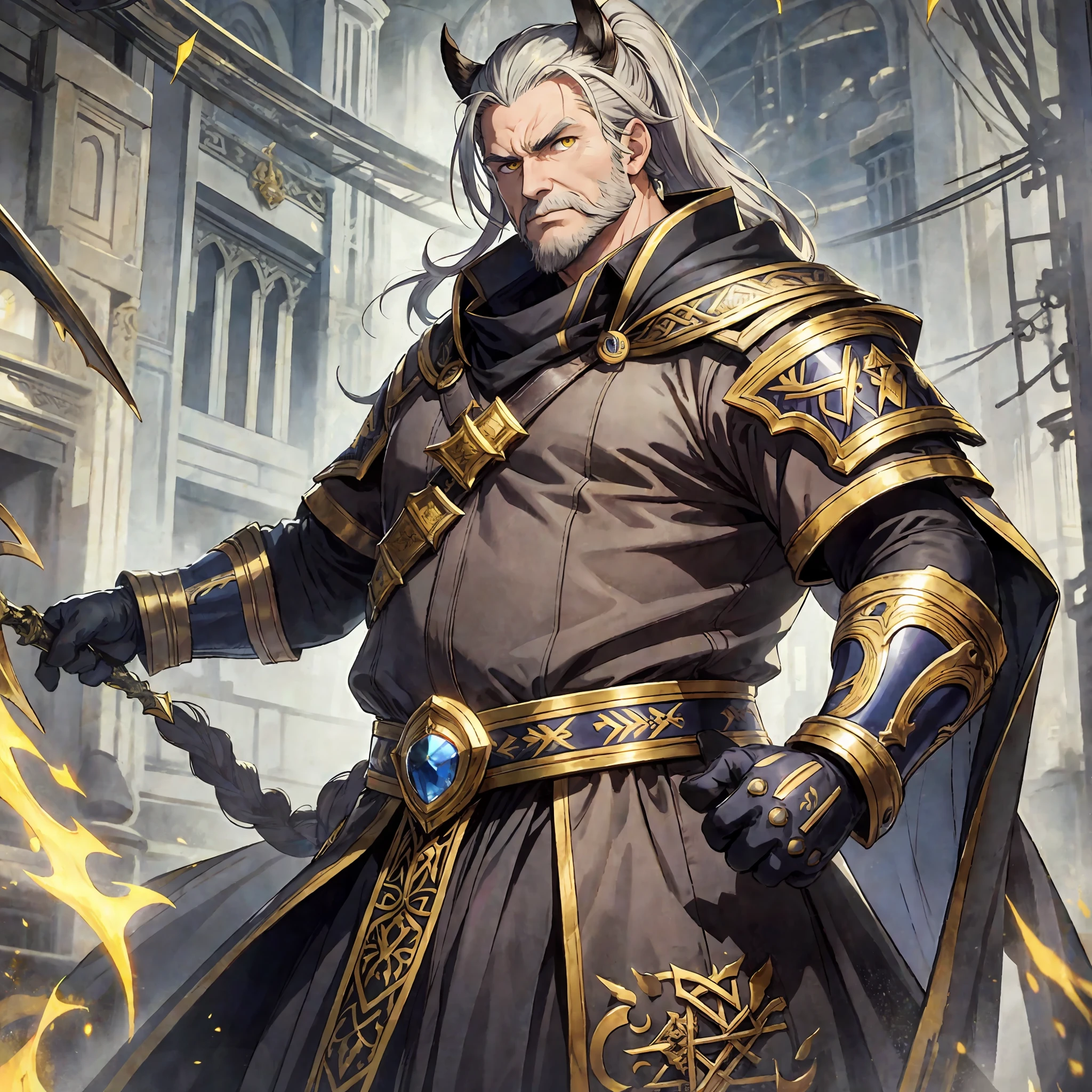 masterpiece, best quality, 1man, elder, fat, ponytail, male focus, solo, vibrant yellow eyes, looking at viewer, cape, High quality metal texture, overcoat, closed mouth, high collar,(kbxll:0.6), Fantasy aesthetics, Highly detailed, shadowverse style, viking outfit