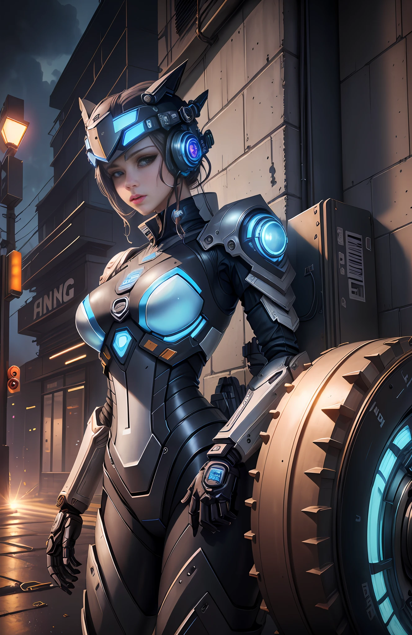 mask robot in cyber armor, steampunk suit, cyber skin, blue visor, (wheels:1.4) very wide angle view, on abandoned building, messy floor, (cyber dogs:1.2), cyberpunk technology, cables jaunting, lens flare, by Mathias Kollros, by Julia Pishtar, modeling photography, olivia de bernardinis, by steven belledin, alina ivanchenko, night raining, wet street