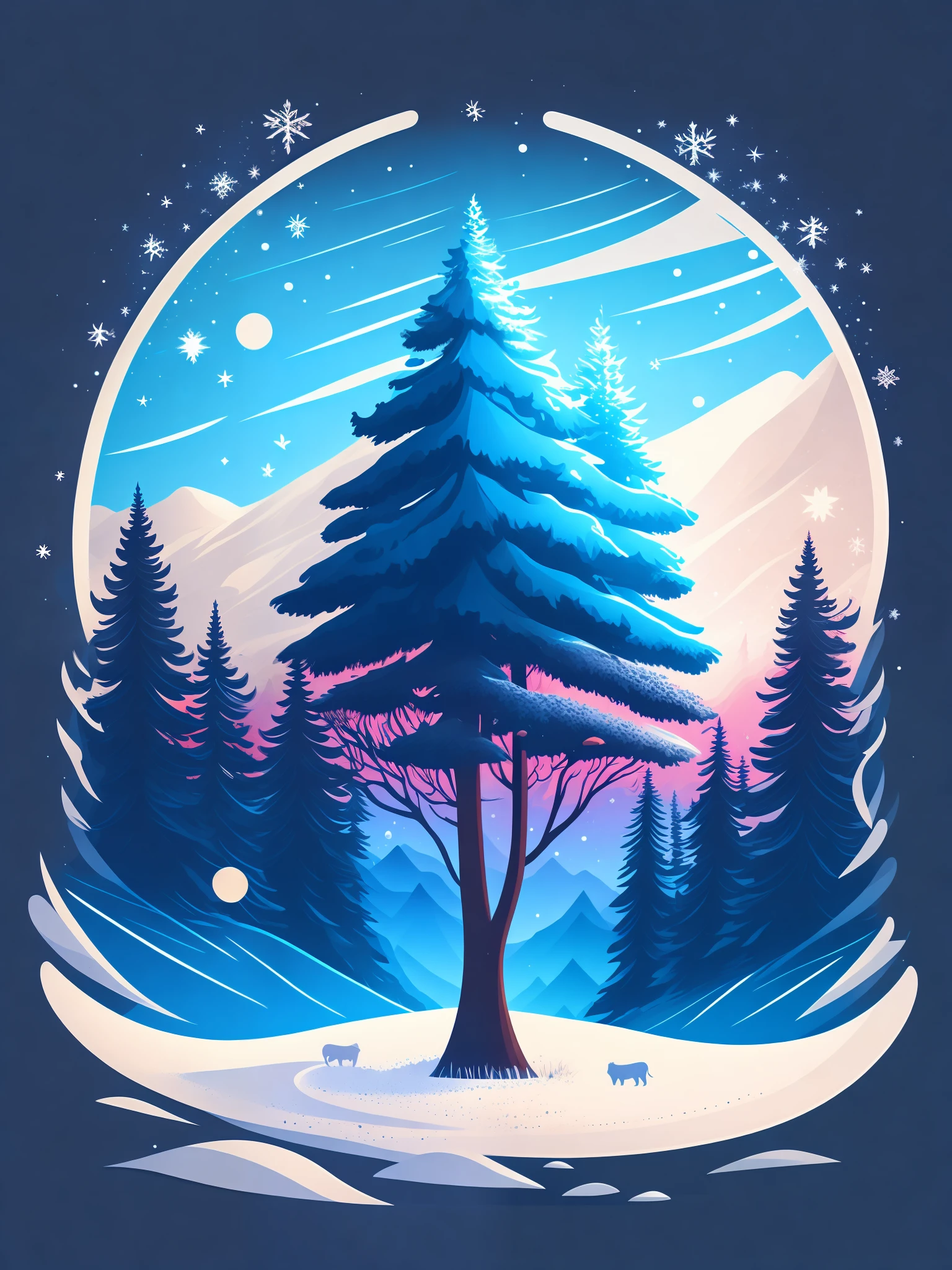 a spruice tree in a winter landscape, tshirt design, rzminjourney, vector-art