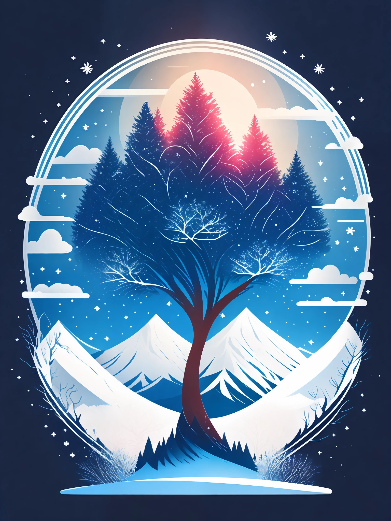 a spruice tree in a winter landscape, tshirt design, rzminjourney, vector-art