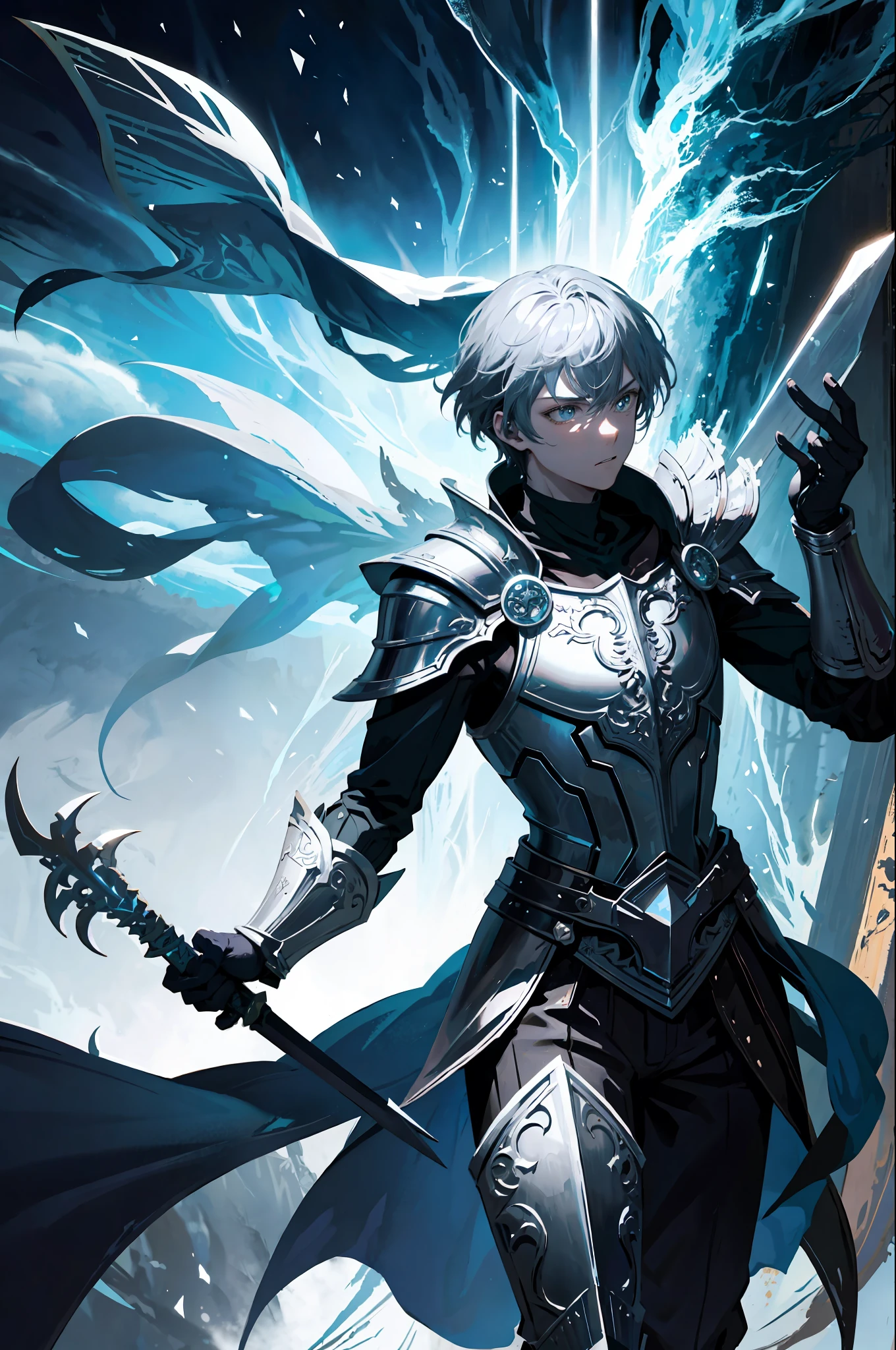 Fantasy, epic, movie poster style illustration, a boy standing on armor, wielding a sword, dynamic and magical background, with prominent and well-designed typographic elements, standing, confident, firm, brandishing a sword, epic title, magical forest, glowing runes, bold text