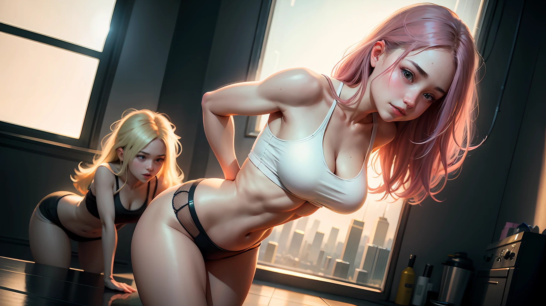 (2 young girls: 1.2), cheerful face, original pink long hair, long eyelashes, beautiful eyes with brightness, surrealism, stereogram, (photorealistic, realistic: 1.2), atmospheric perspective, cinematic lighting, ray tracing, 8k, super detail, best quality, masterpiece, well detailed, (Canan EOS R6, 135mm, 1/1250s, f/2.8, ISO 400:0.9), cyberpunk room, interior night, cleavage, string, tank top white, bubble butt, round small ass, bend over, dynamic pose, dynamic lighting, white tank top, raining, wet skin, panties