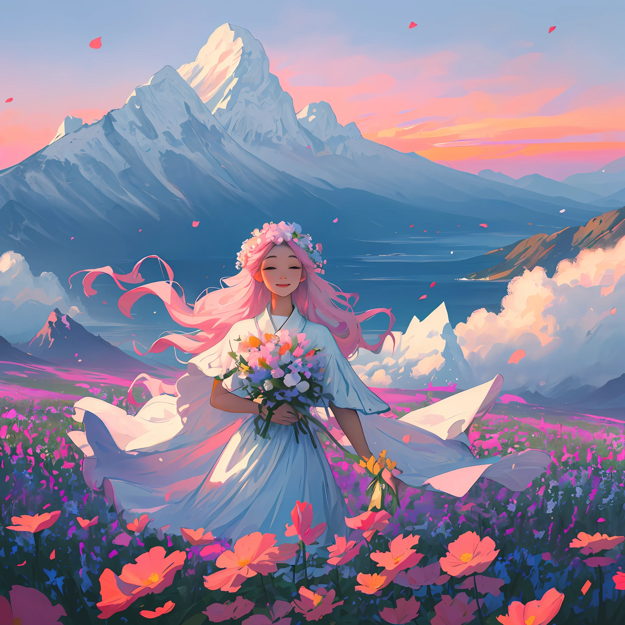 Masterpiece, best quality, high quality, ultra high definition, CG, 8K, sea of flowers, colorful, dense, auspicious clouds, bloom, sunset, thousands of mountains and waters, sky, white clouds, landscape, bokeh, color difference, realistic, very detailed, high detail, ultra-clear, comfortable, a picture full of happiness.