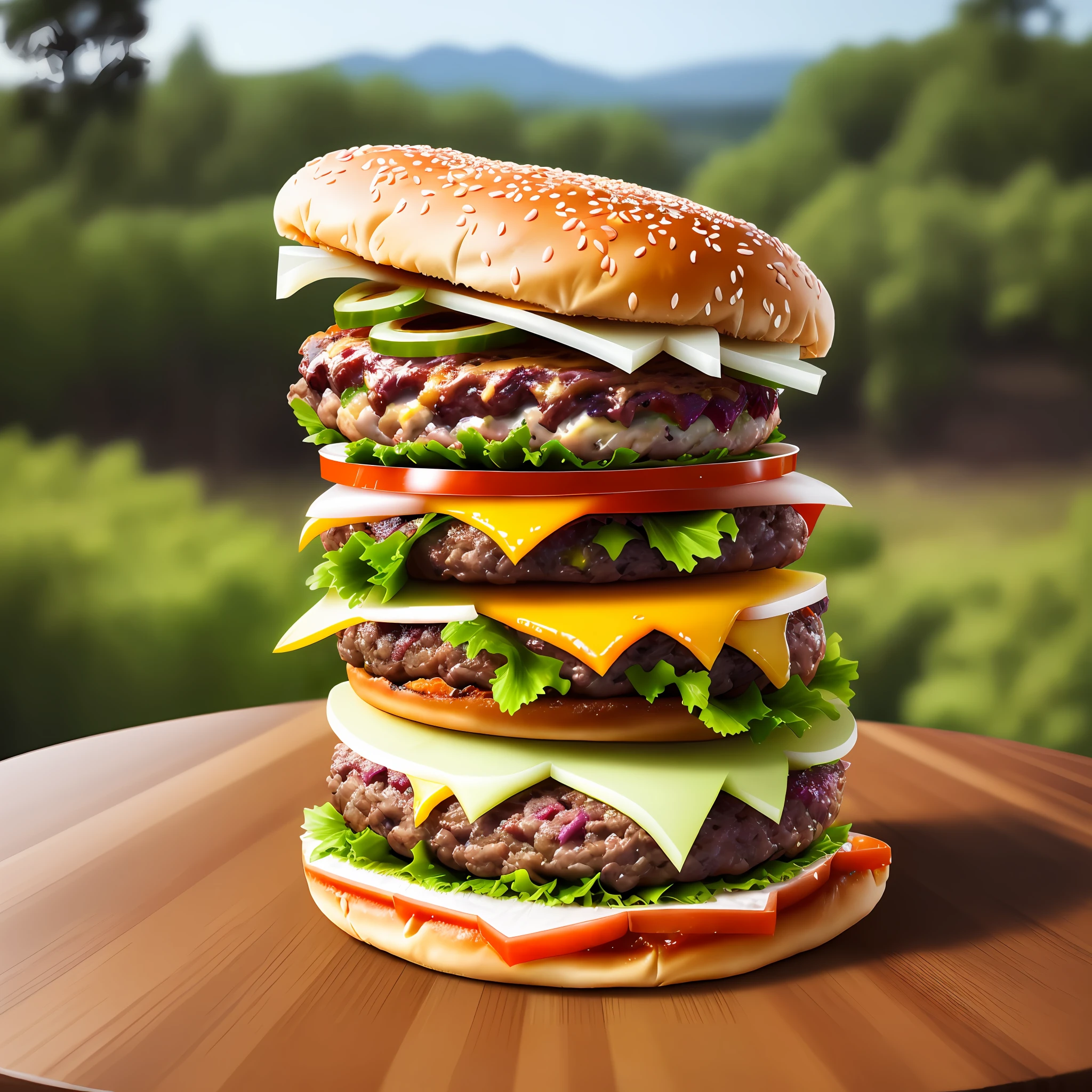 various types of hamburgers, on top of a wooden table, vegetation in the background, centralized, panoramic view, daytime, well lit, ultra realistic, 4k,