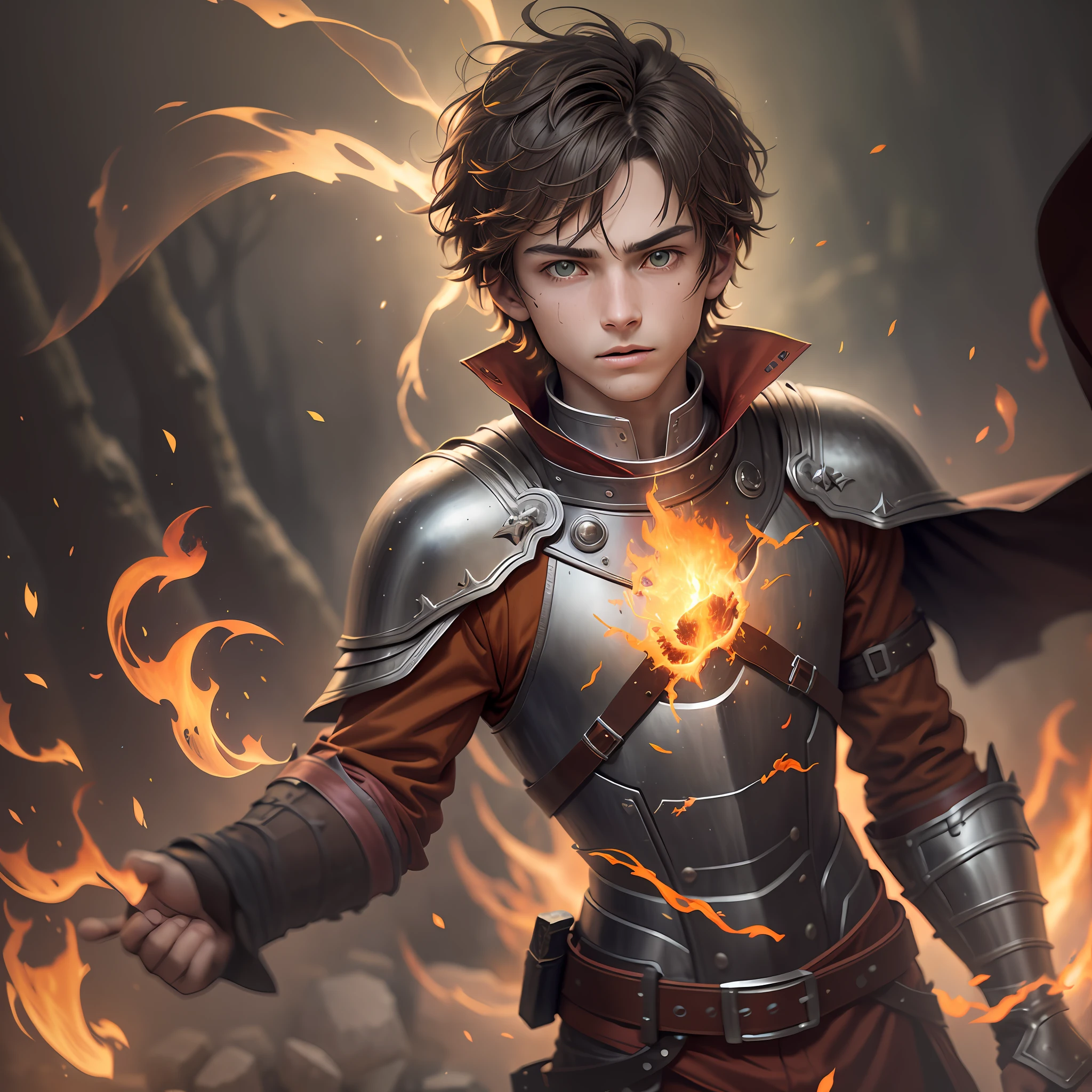 a 17-year-old teenage boy, 1 boy, brown short hair, light brown short hair, short hair parted in the middle, man's short hair with locks, bright green eyes, without a beard, without a goatee, no facial hair, silver and red colored medieval knight armor, red clothes, closeup shot, whirling wind, lightning around character, night complex background, highly detailed, (gloomy:1.3), dark, dimmed, hdr, vignette, grimy, Fire Manipulation, Phoenix Physiology, Fire Magic, Fire Attacks, night sky at entrance, fire light in the background, forest burning, floating many bright flames of yellow and orange fire particles, burning fire in hand, floating many flames of fire