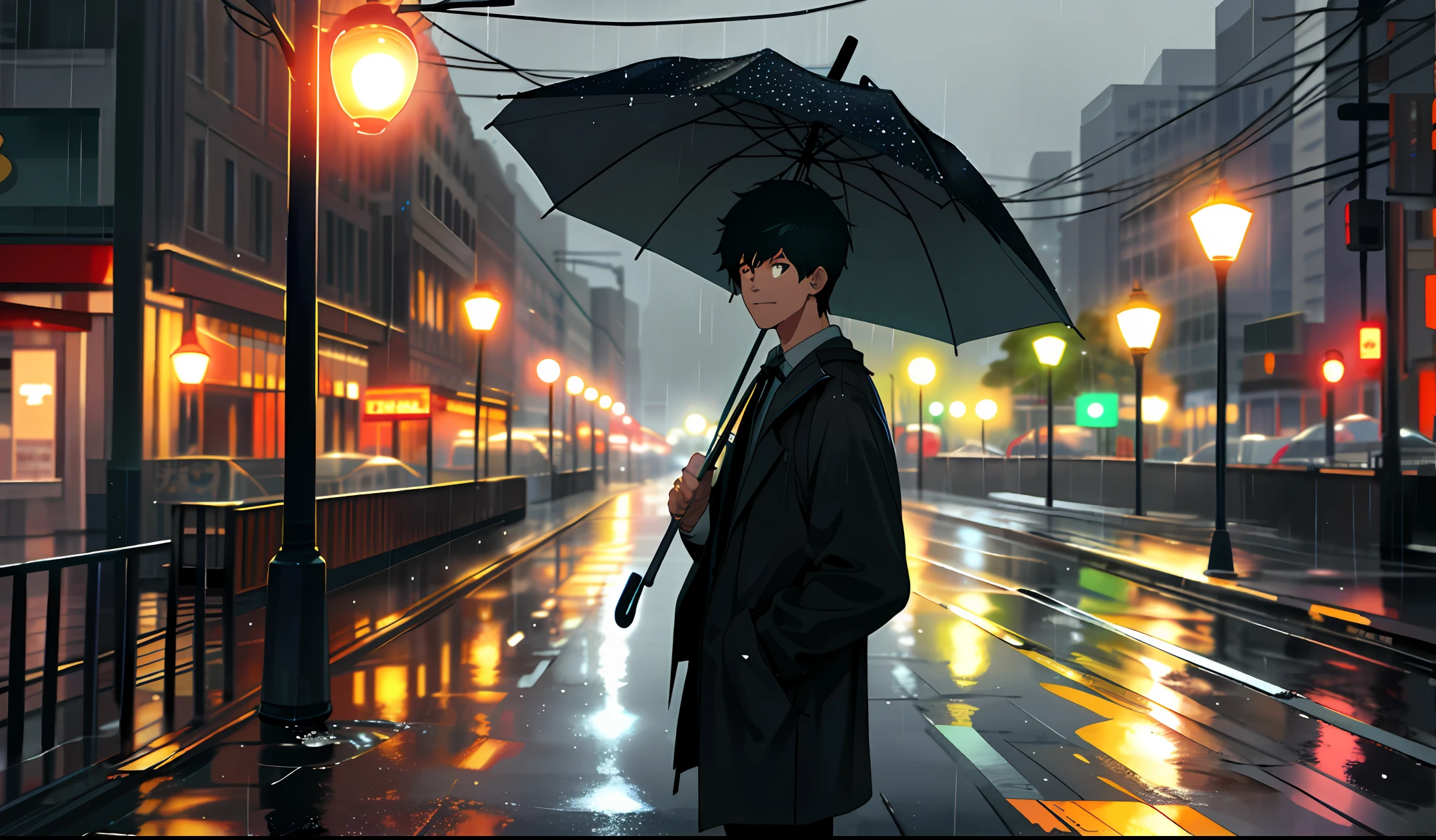 A boy stand with umbrella in city road,rainy with waterdrop,vintage retro 90’s,unreal engine,8k,RGB