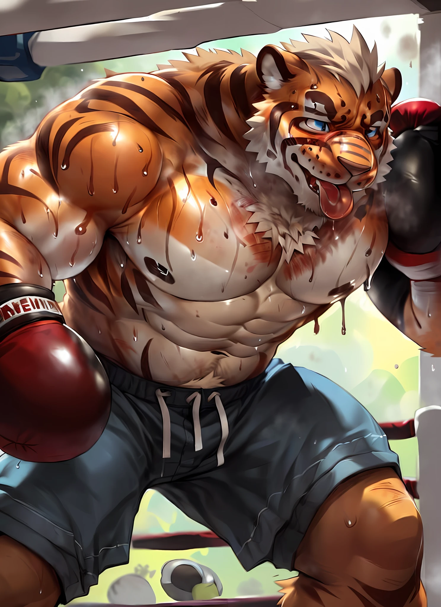 anthro, correct anatomy, bodily fluids, fur, bulge, blue shorts, bare torso, looking at viewer, (collapsed and bent down), male, multicolored body, multicolored fur, muscular, (musk clouds:1.2), navel, (hard breathing, tongue out), solo, two tone body, two tone fur, by Pixelsketcher, by Bayard Wu, by Thomas Benjamin Kennington , by Einshelm, by Chunie,, (lin hu:1.1), (exhausted, sweat, bruised:1.4), in the boxing ring, (boxing gloves, beaten down, swollen cheek:1.4)