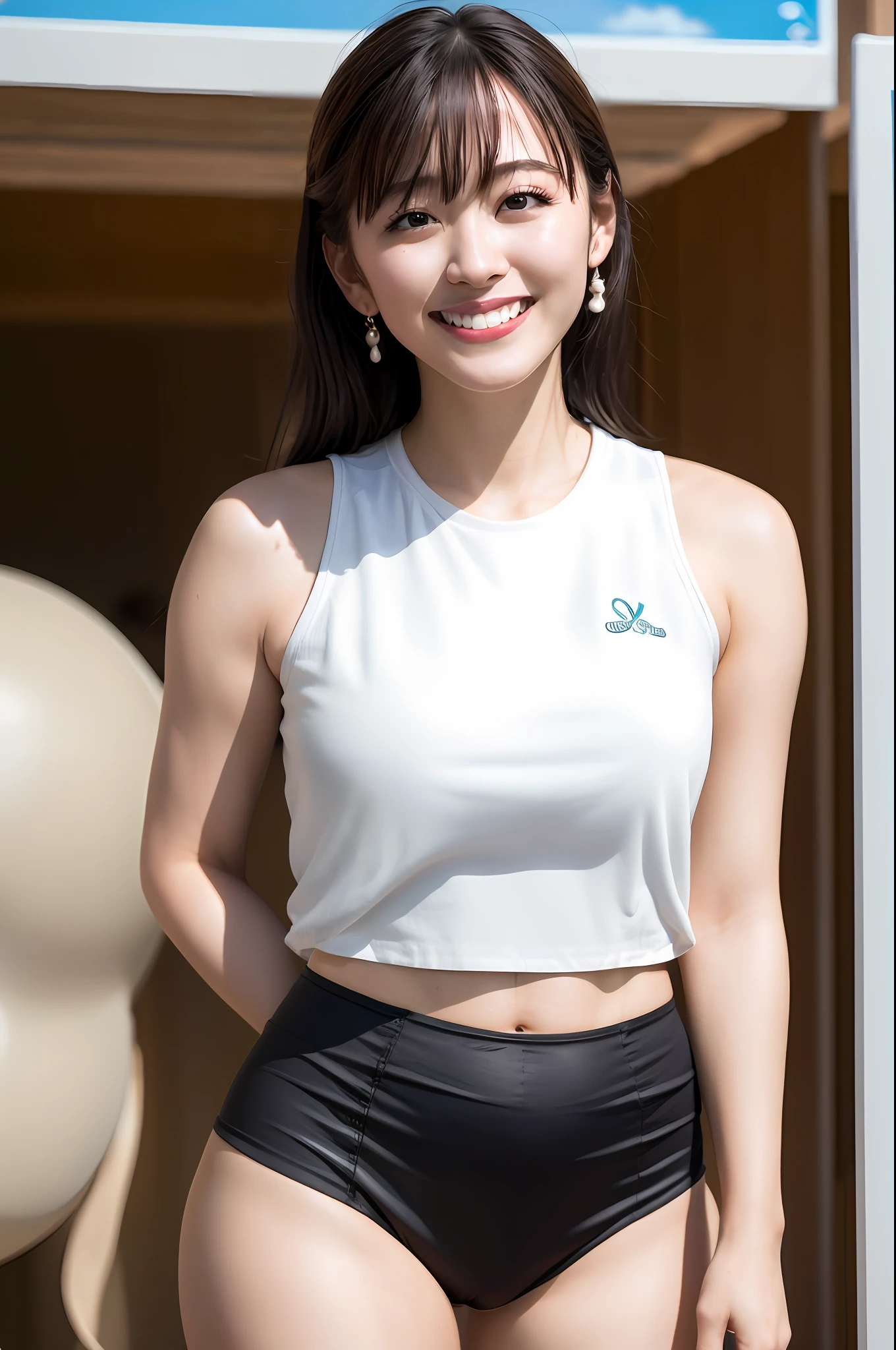Best quality, masterpiece, ultra high res, (photorealistic:1.4),highly detailed,professional lighting smile.Playing Volleyball ,in the beach,tight sticky thin crop top and sticky ultra short pant.sweat body running