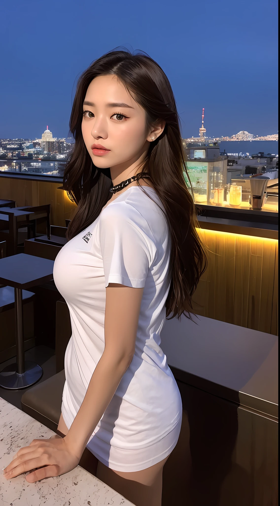 ((Midnight, Acura, 8K, Masterpiece: 1.3)), Full body, Long legs, Focal length: 1.2, Perfect Body Beauty: 1.4, Slim Abs: 1.1, ((Dark Brown Hair, Big Breasts: 1.2 )), (White Skinny T-shirt, Denim Biggies, Standing: 1.2), ((Night view of the city, Hotel rooftop bar: 1.3)), Highly detailed face and skin texture, Detailed eyes, Double eyelids, diamond neck chain, watch.